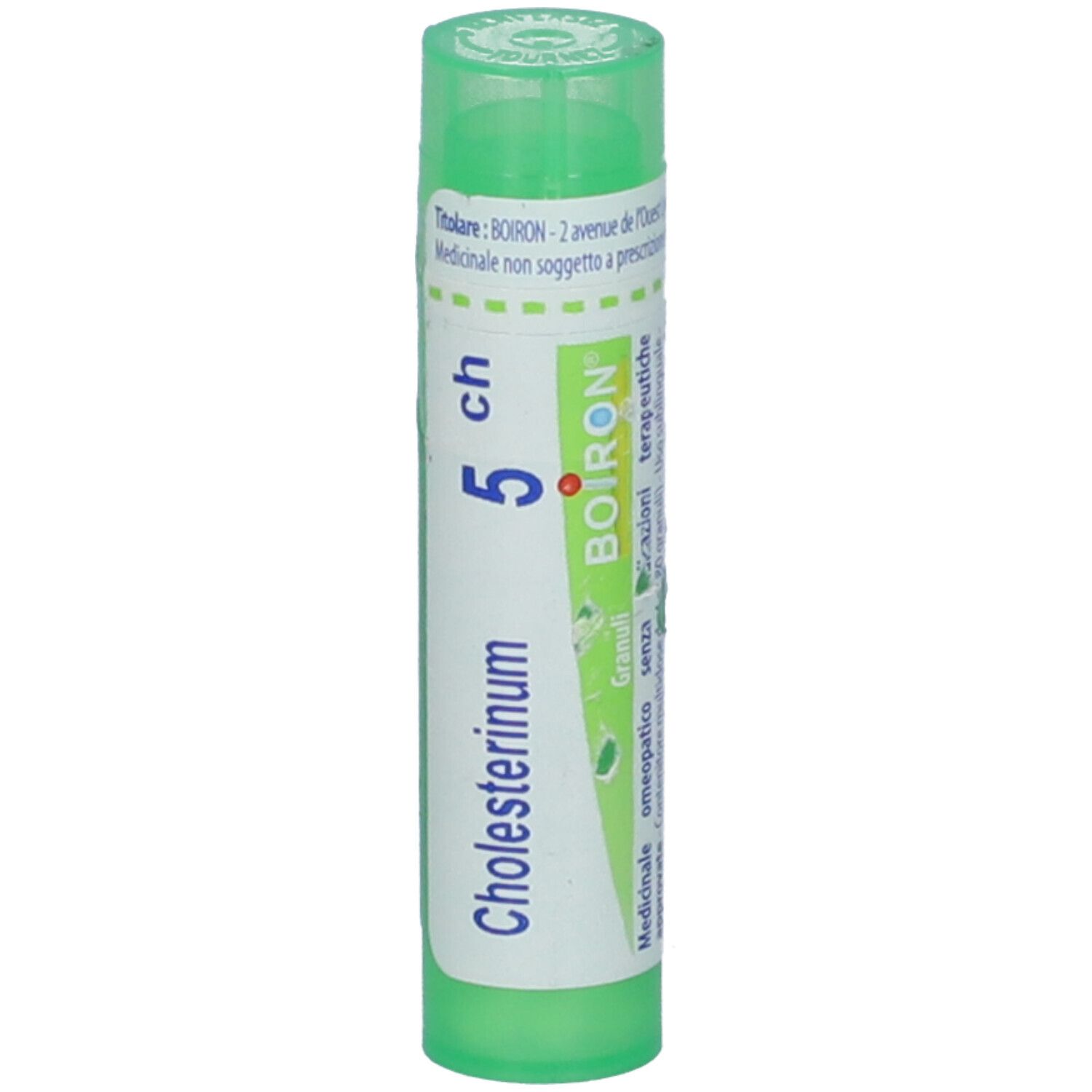Confezione cilindrica verde. Scritta: Cholesterinum 5 ch, BOIRON. Tappo verde. Etichetta con informazioni.