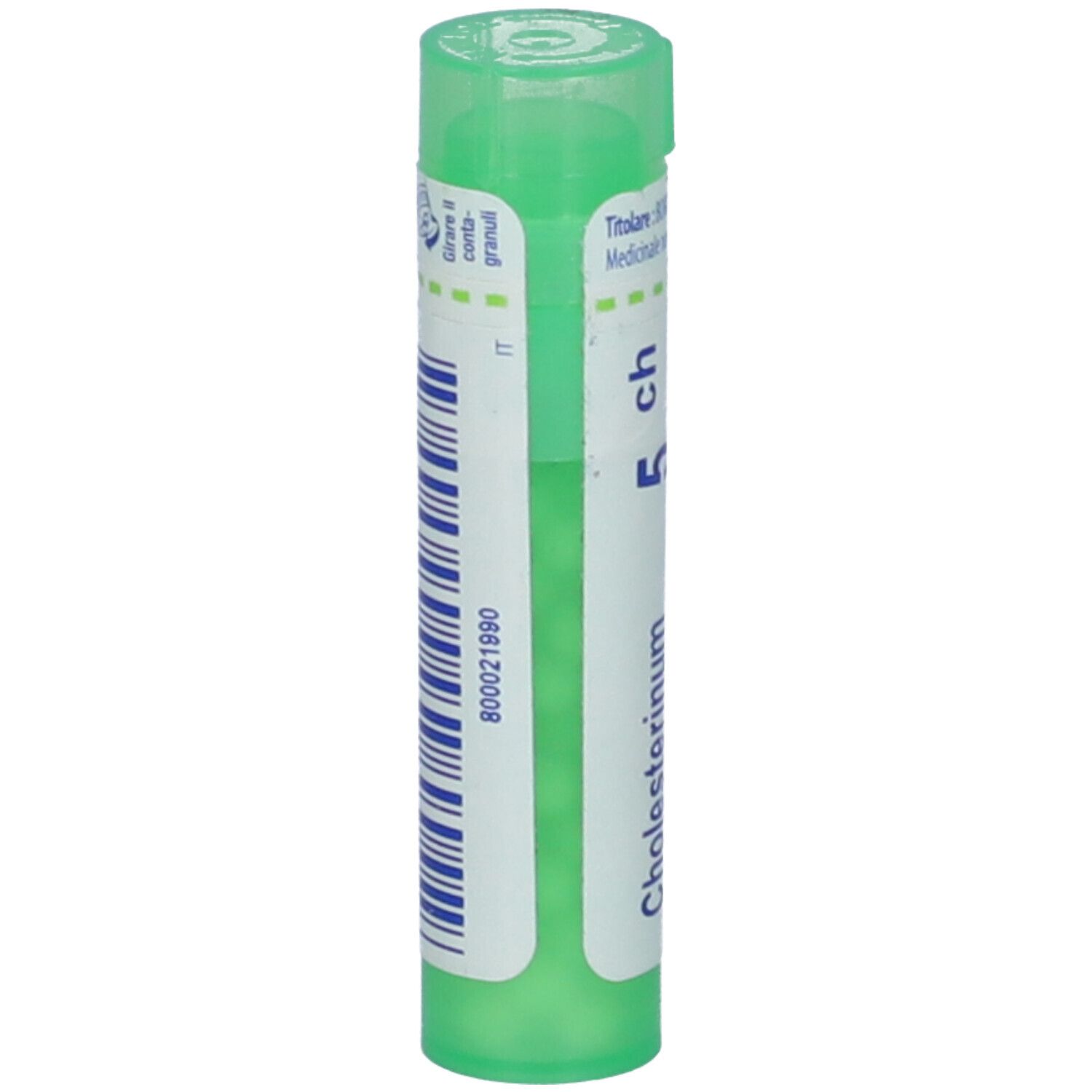 Confezione cilindrica verde. Scritta: Cholesterinum 5 ch. Codice a barre e altre informazioni sull'etichetta.