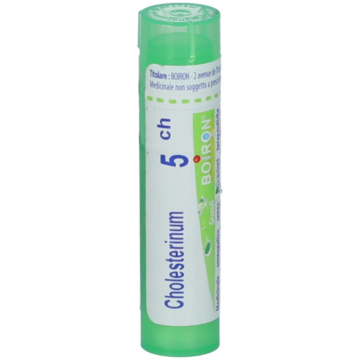 Confezione cilindrica verde. Scritta: Cholesterinum 5 ch, BOIRON. Etichetta con informazioni sul prodotto.