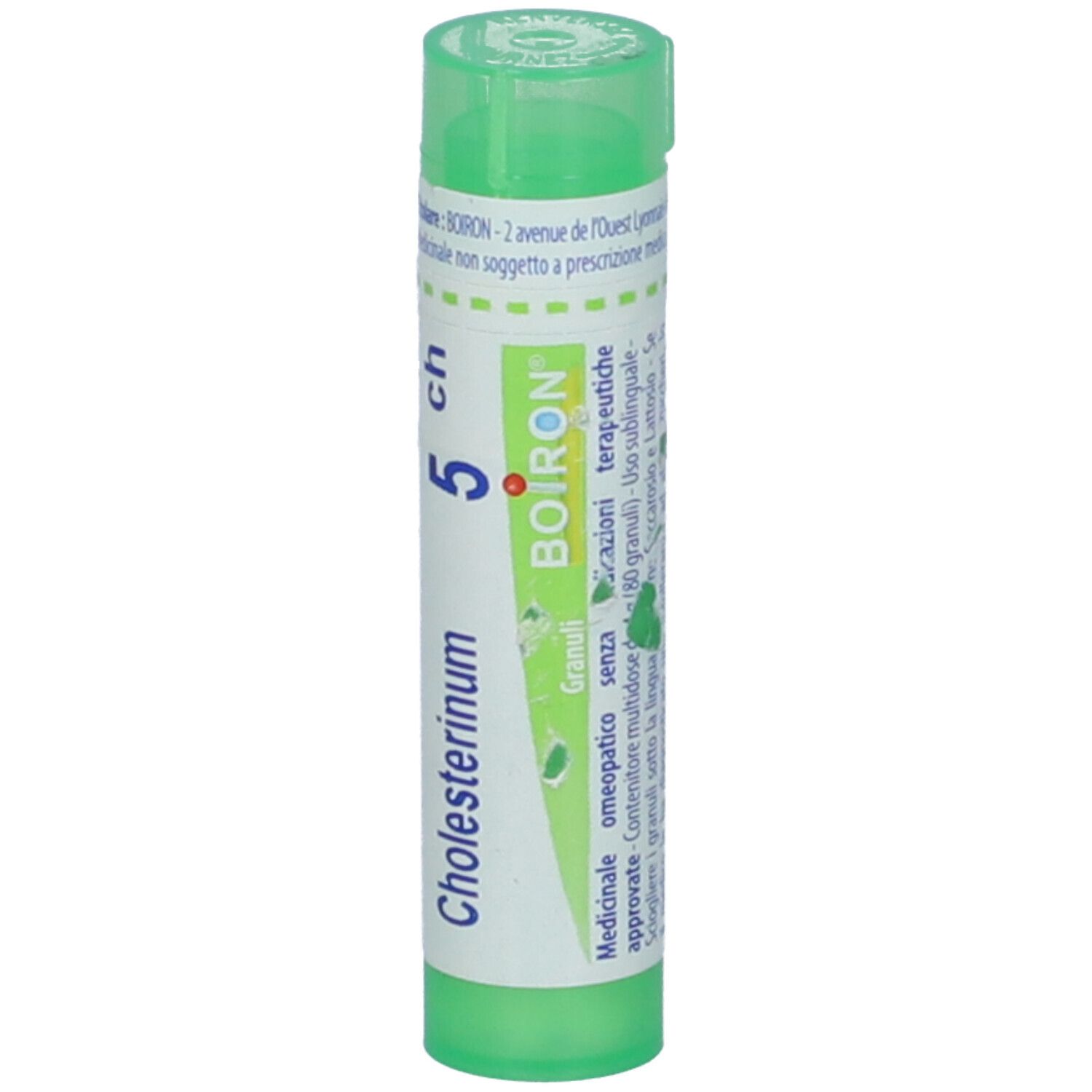 Confezione cilindrica verde. Scritta: Cholesterinum 5 ch, BOIRON. Etichetta con informazioni sul prodotto.