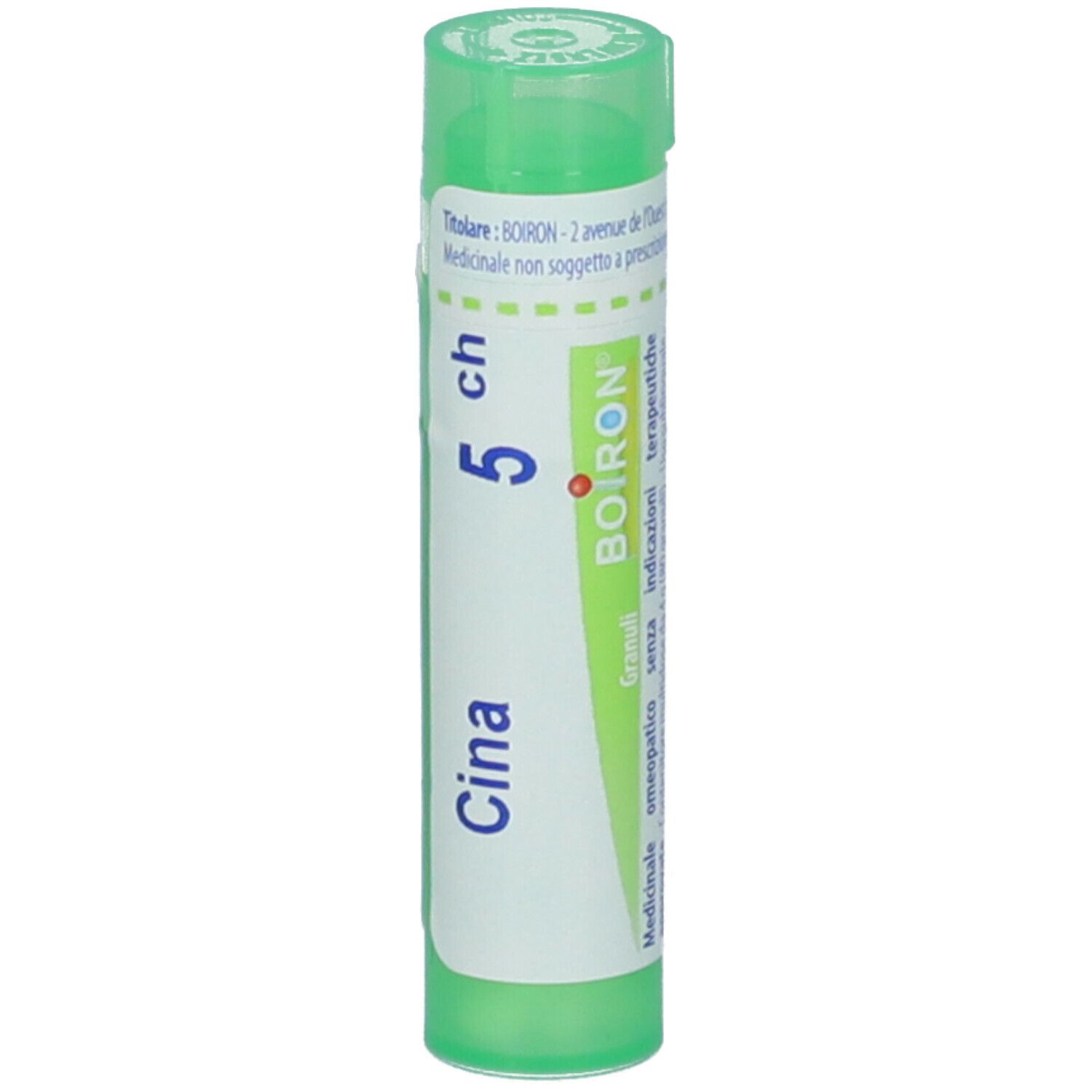 Confezione cilindrica BOIRON® Cina 5 ch Granuli. Tappo ed etichetta verdi. Nome e dosaggio.