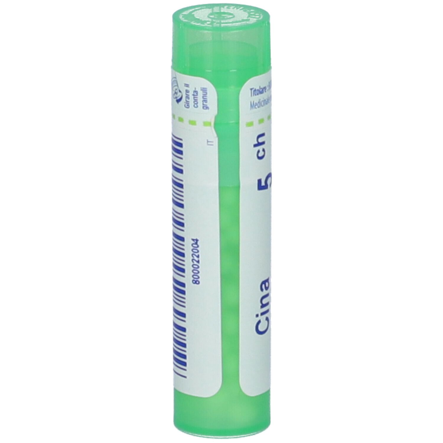 Confezione cilindrica BOIRON® Cina 5 ch Granuli. Tappo verde. Etichetta con codice a barre e informazioni.