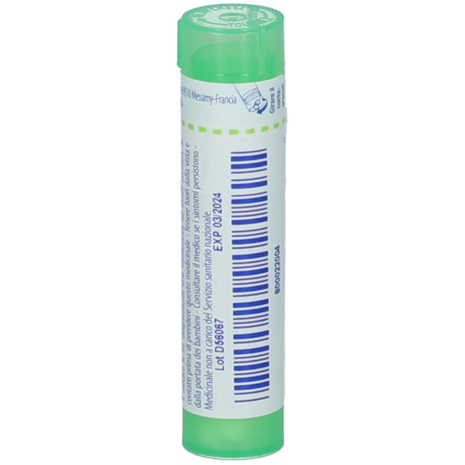 Confezione cilindrica BOIRON® Cina 5 ch Granuli. Tappo verde. Etichetta con scadenza e lotto.