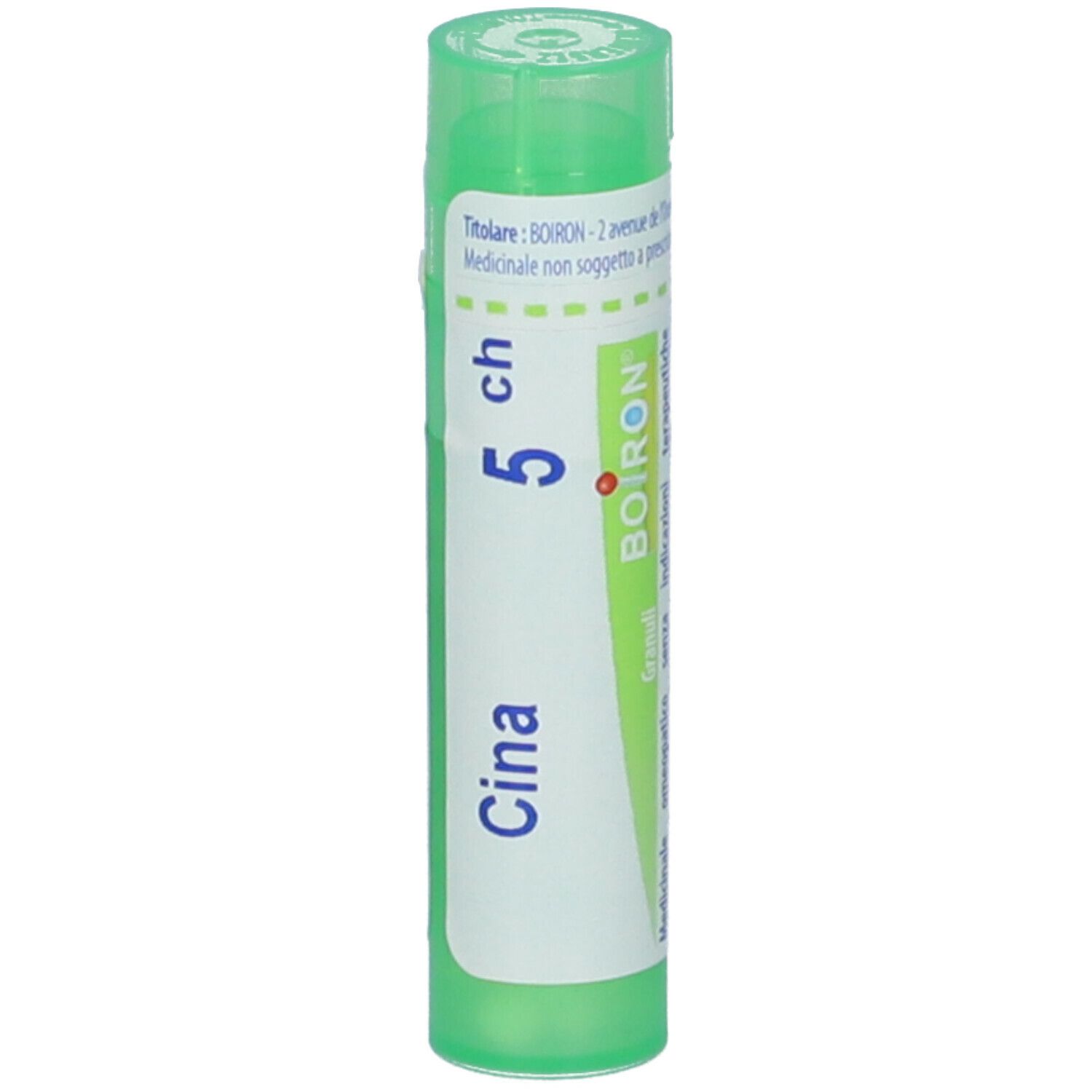 Confezione cilindrica BOIRON® Cina 5 ch Granuli. Tappo verde. Etichetta con nome e dosaggio.