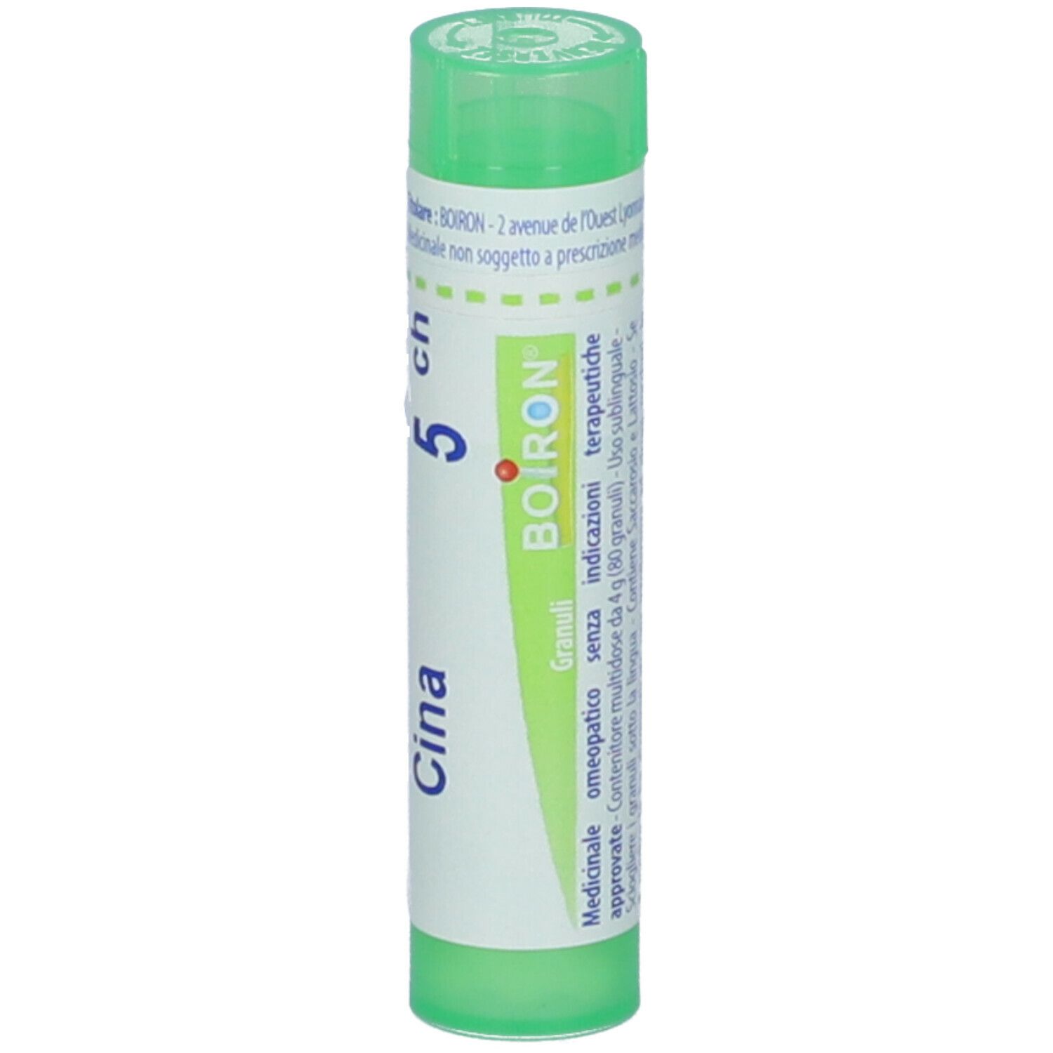 Confezione cilindrica BOIRON® Cina 5 ch Granuli. Tappo verde. Etichetta con informazioni e logo.