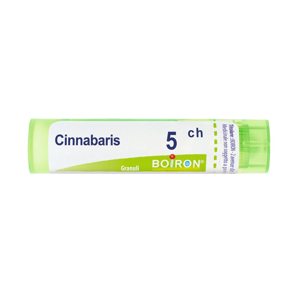 Tubo cilindrico verde con etichetta bianca. Scritta: Cinnabaris 5 ch, BOIRON, Granuli.
