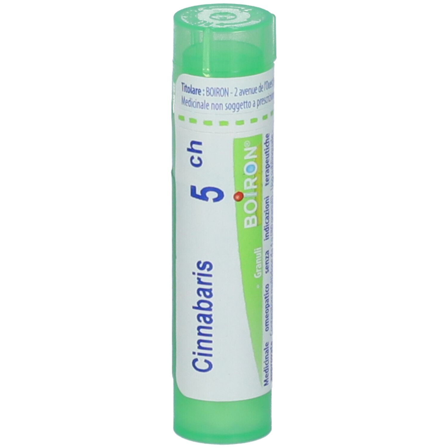 Tubo verde con etichetta bianca. Scritta: Cinnabaris 5 ch, BOIRON, Granuli. Vista verticale.