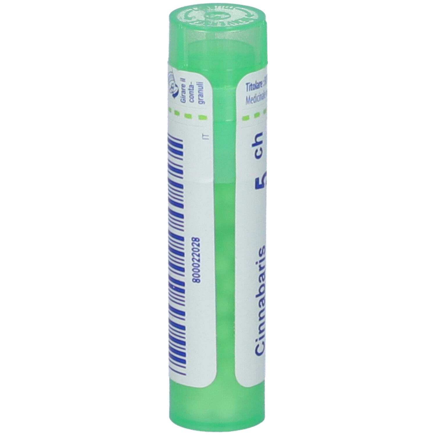 Tubo verde con etichetta bianca e codice a barre. Scritta: Cinnabaris 5 ch. Vista verticale.