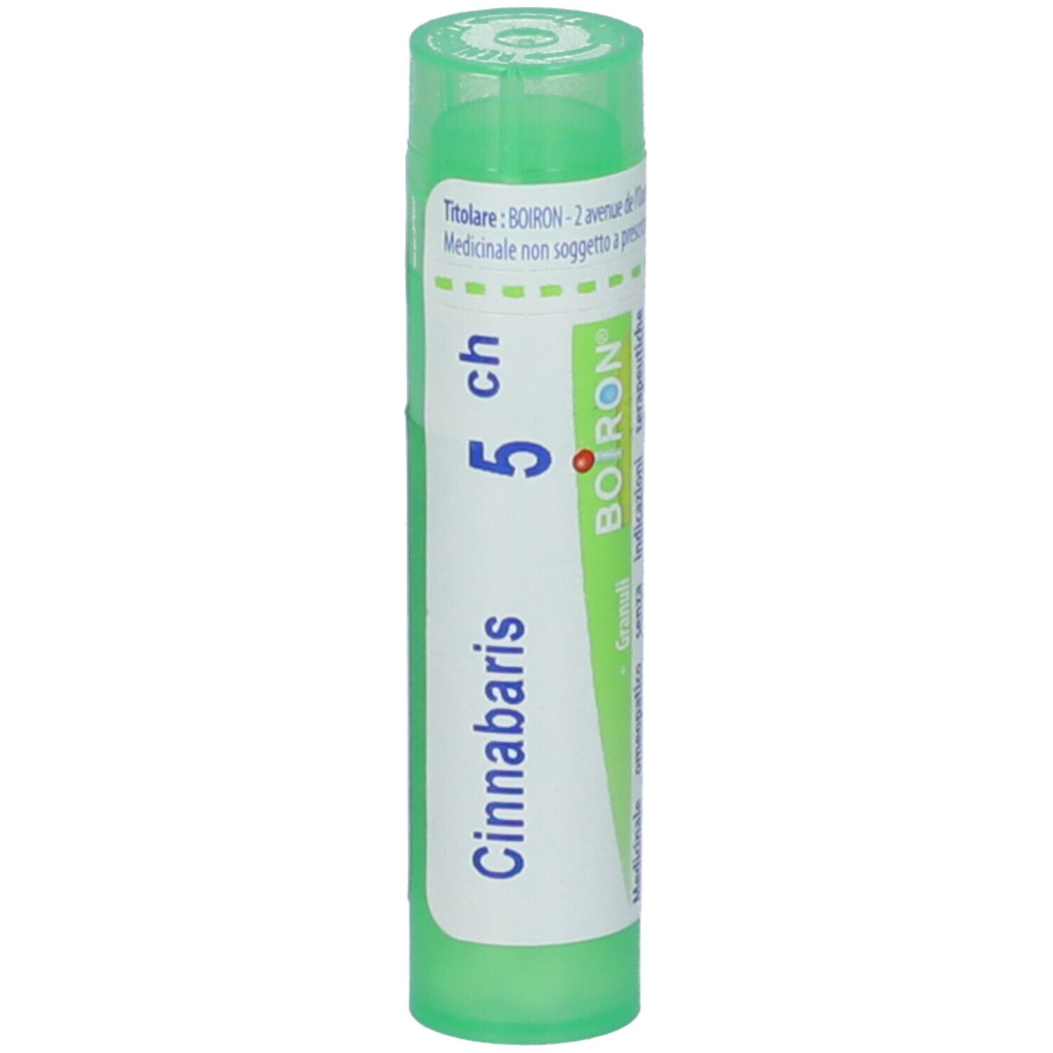 Tubo verde con etichetta bianca. Scritta: Cinnabaris 5 ch, BOIRON, Granuli. Vista verticale.