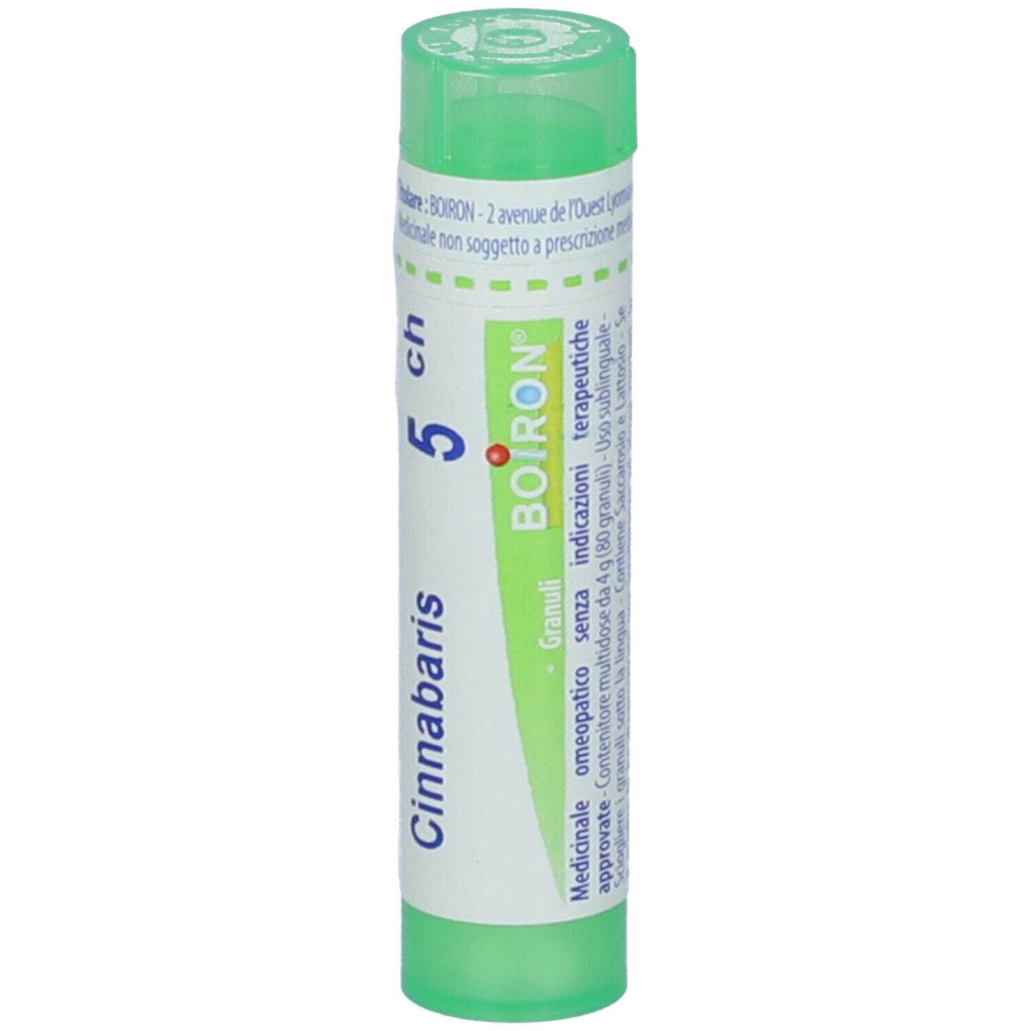 Tubo verde con etichetta bianca. Scritta: Cinnabaris 5 ch, BOIRON, Granuli. Vista verticale.