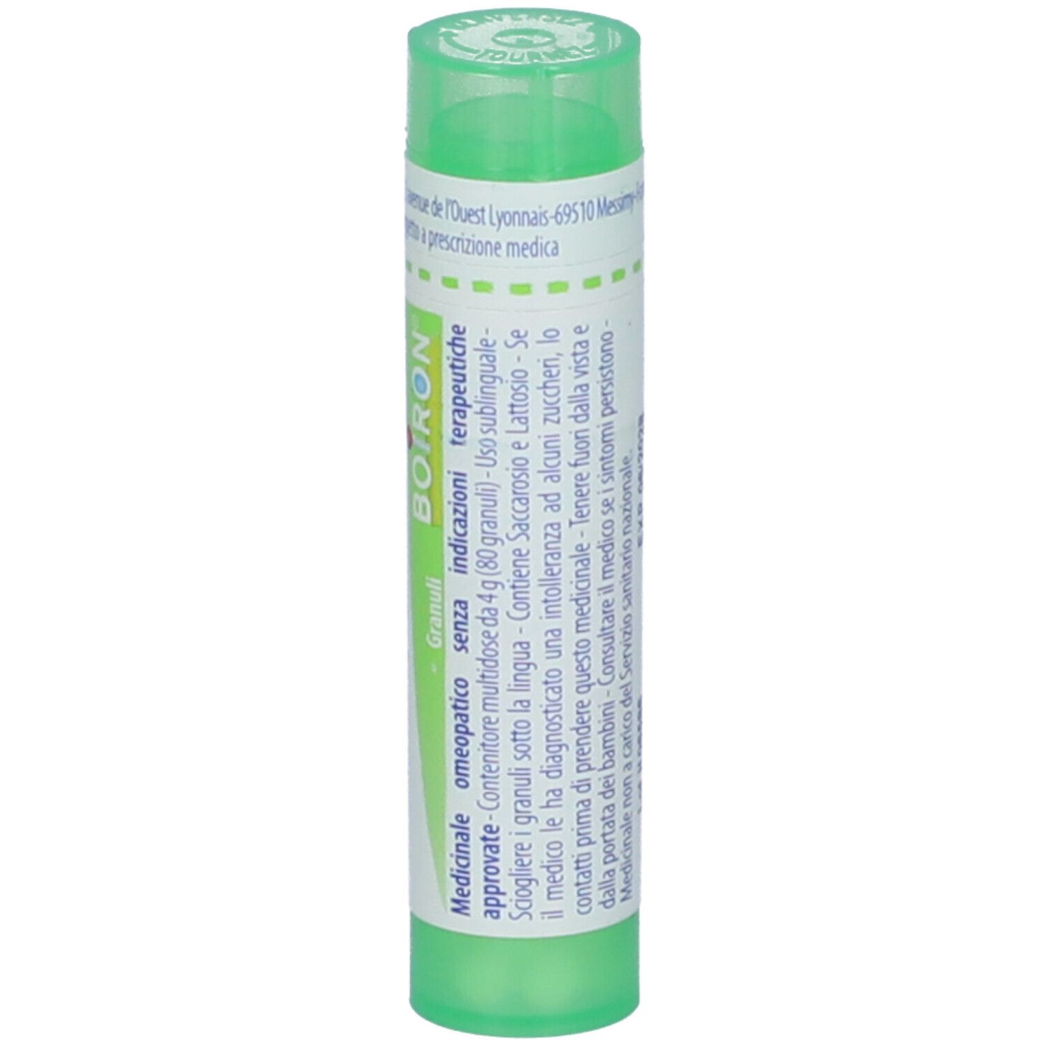 Tubo verde con etichetta bianca. Scritta: Cinnabaris 5 ch, BOIRON, Granuli. Vista verticale.
