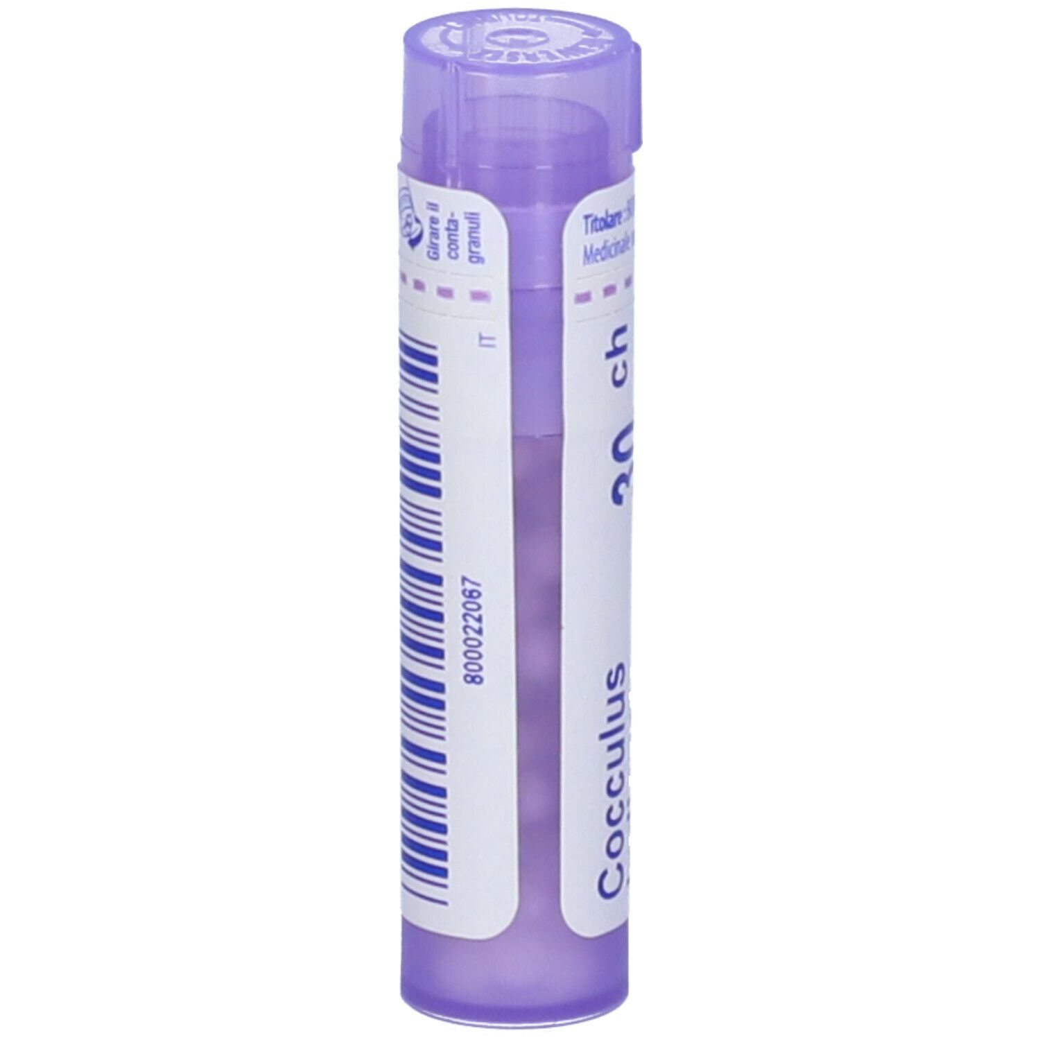 Confezione cilindrica, tappo viola. Scritta: Cocculus indicus 30 ch, BOIRON. Codice a barre e testo.