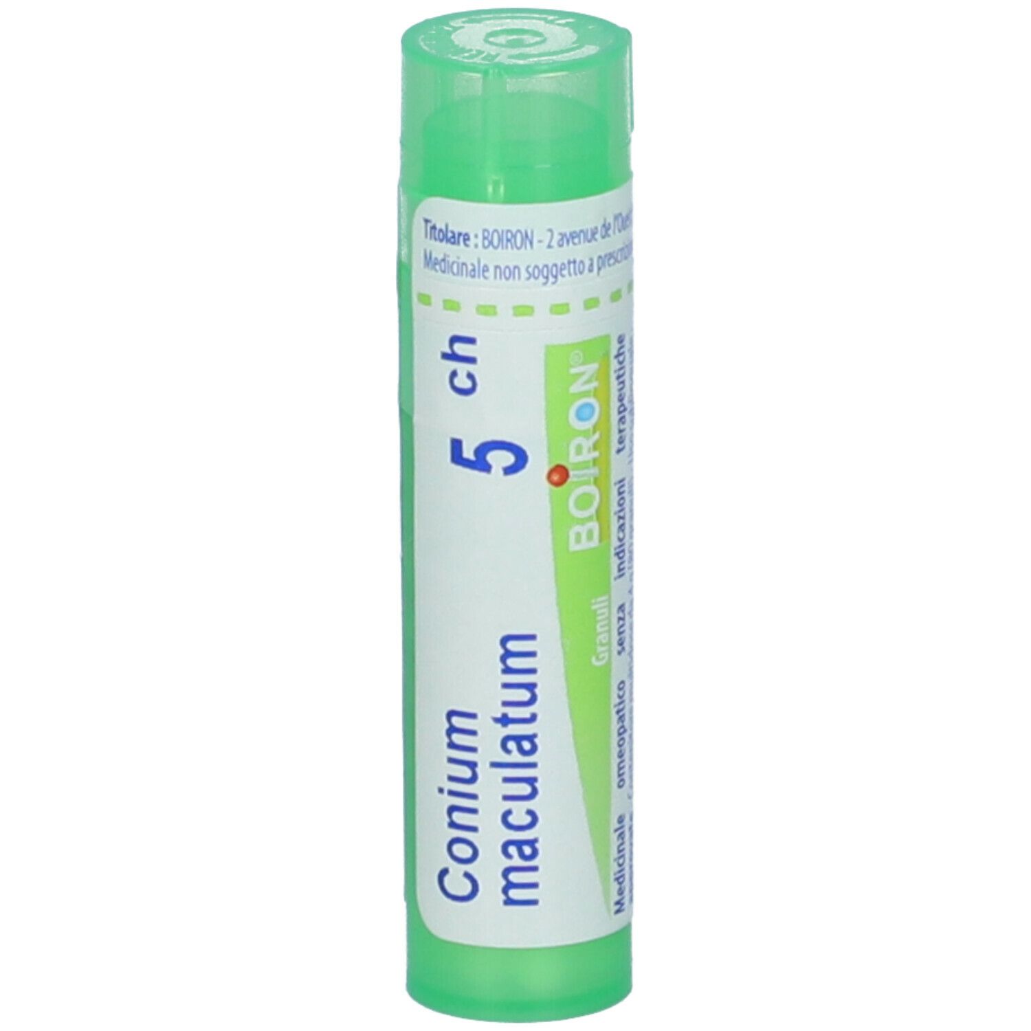 Confezione cilindrica verde con BOIRON® Conium Maculatum 5 CH Granuli. Stampa bianca. Marchio BOIRON®.
