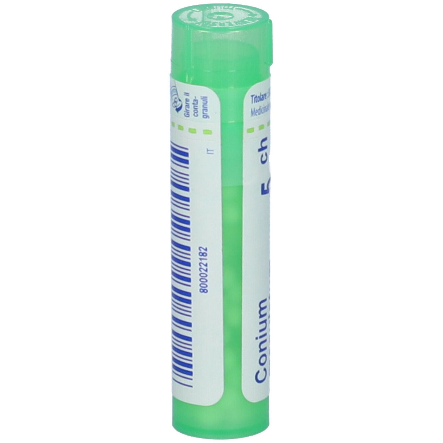 Confezione cilindrica verde con BOIRON® Conium Maculatum 5 CH Granuli. Scritta bianca e codice a barre.