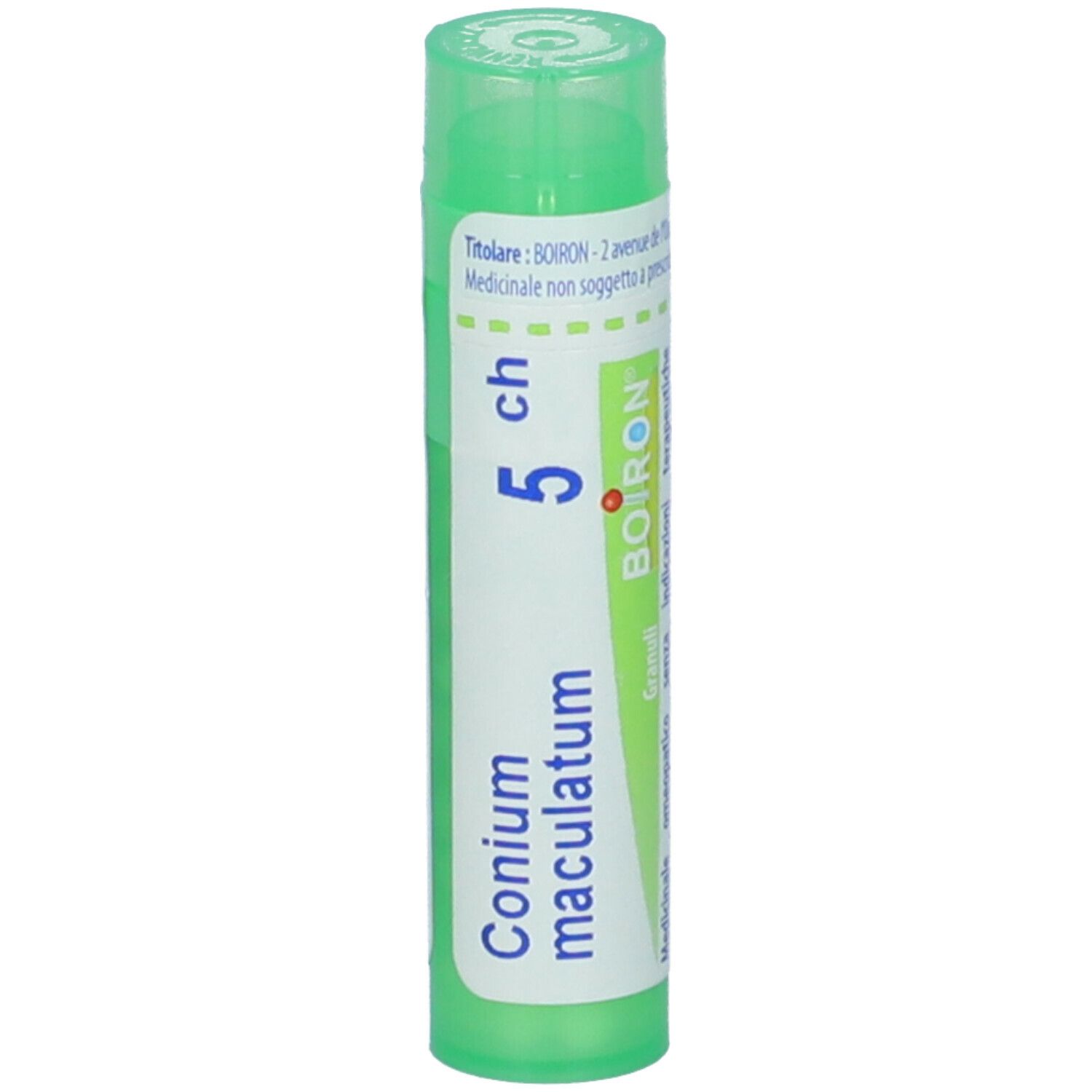 Confezione cilindrica verde con BOIRON® Conium Maculatum 5 CH Granuli. Scritta bianca. Marchio BOIRON®.
