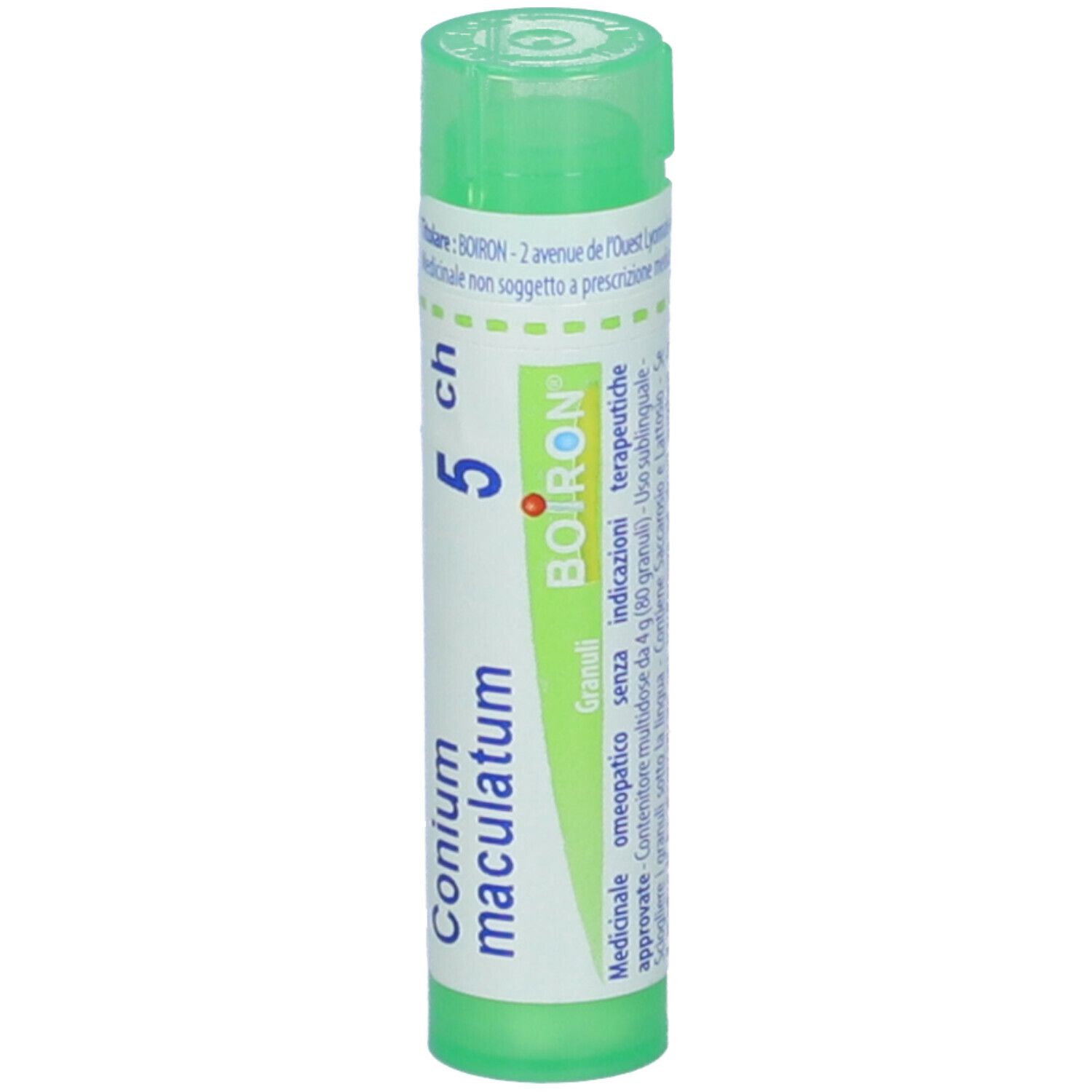 Confezione cilindrica verde con BOIRON® Conium Maculatum 5 CH Granuli. Scritta bianca. Marchio BOIRON®.