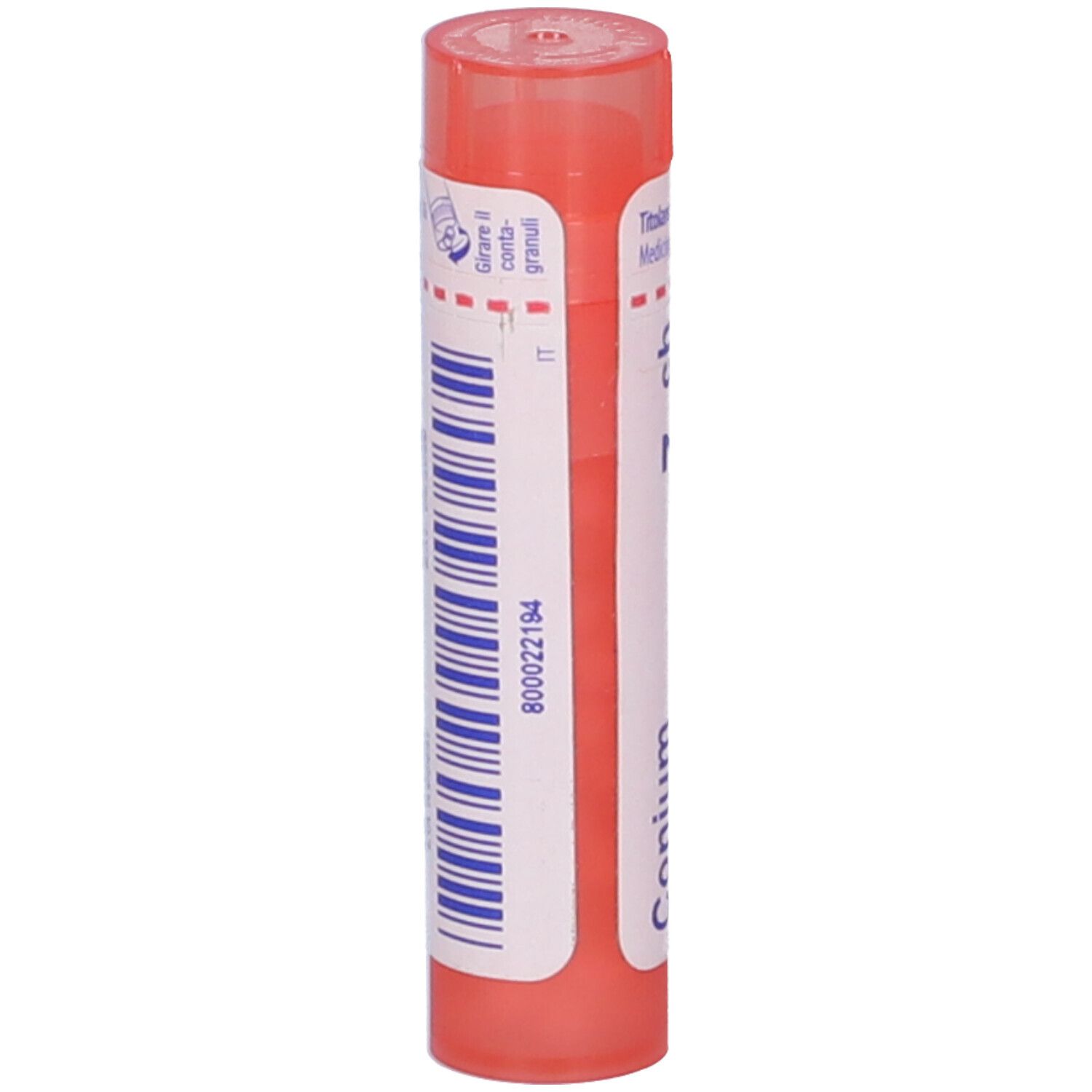 Confezione cilindrica arancione. Scritta: Conium, 7 ch. Strisce blu verticali. Tappo rosso.