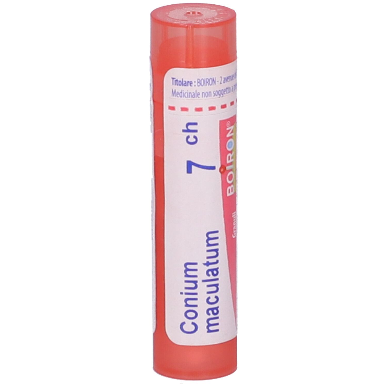 Confezione cilindrica arancione. Scritta: Conium maculatum 7 ch, BOIRON, Granuli. Tappo rosso.