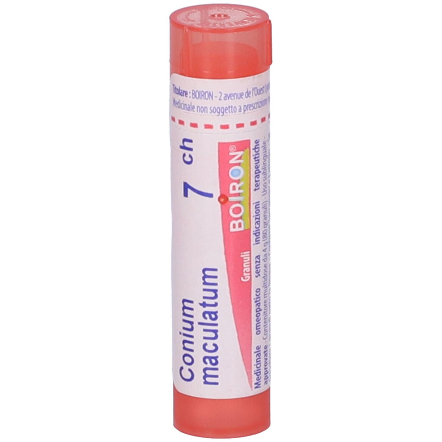 Confezione cilindrica arancione. Scritta: Conium maculatum 7 ch, BOIRON, Granuli. Tappo rosso.