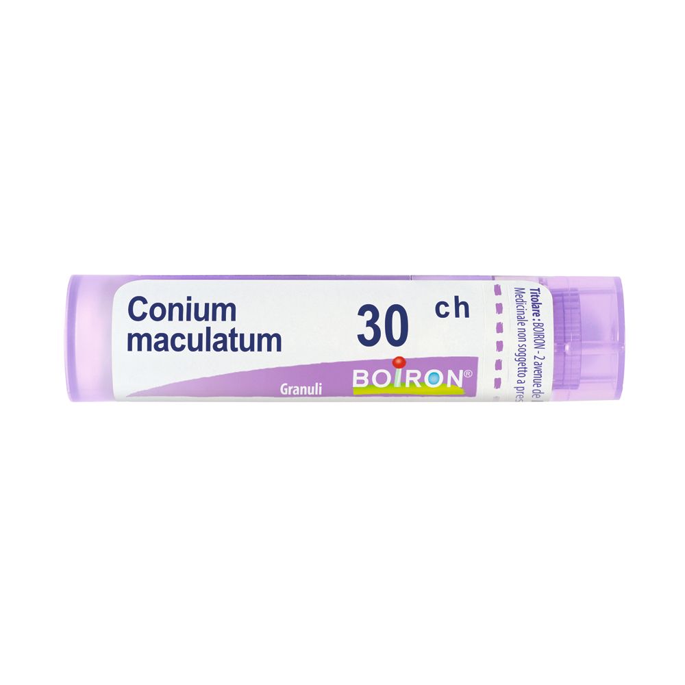 Confezione cilindrica con scritta "Conium maculatum 30 ch Granuli BOIRON".