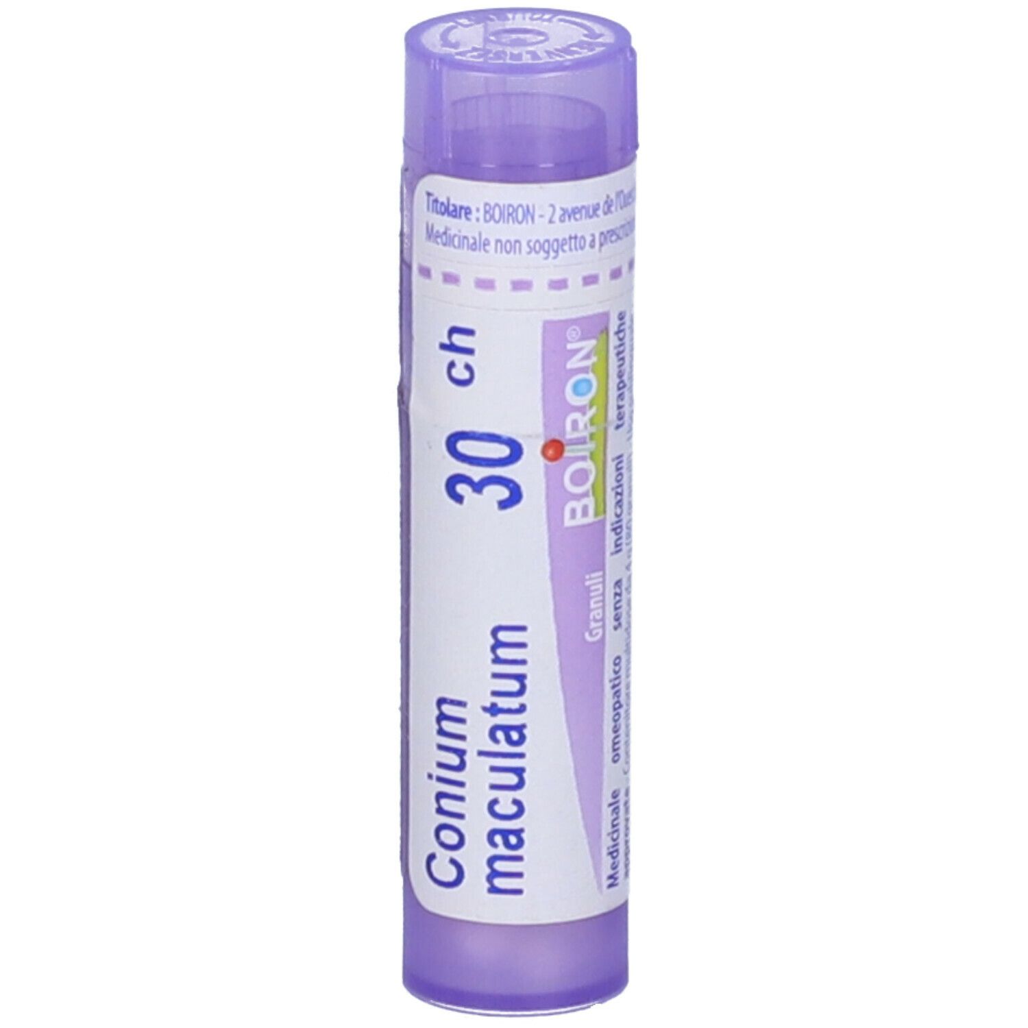 Confezione cilindrica con scritta "Conium maculatum 30 ch". Marchio BOIRON.