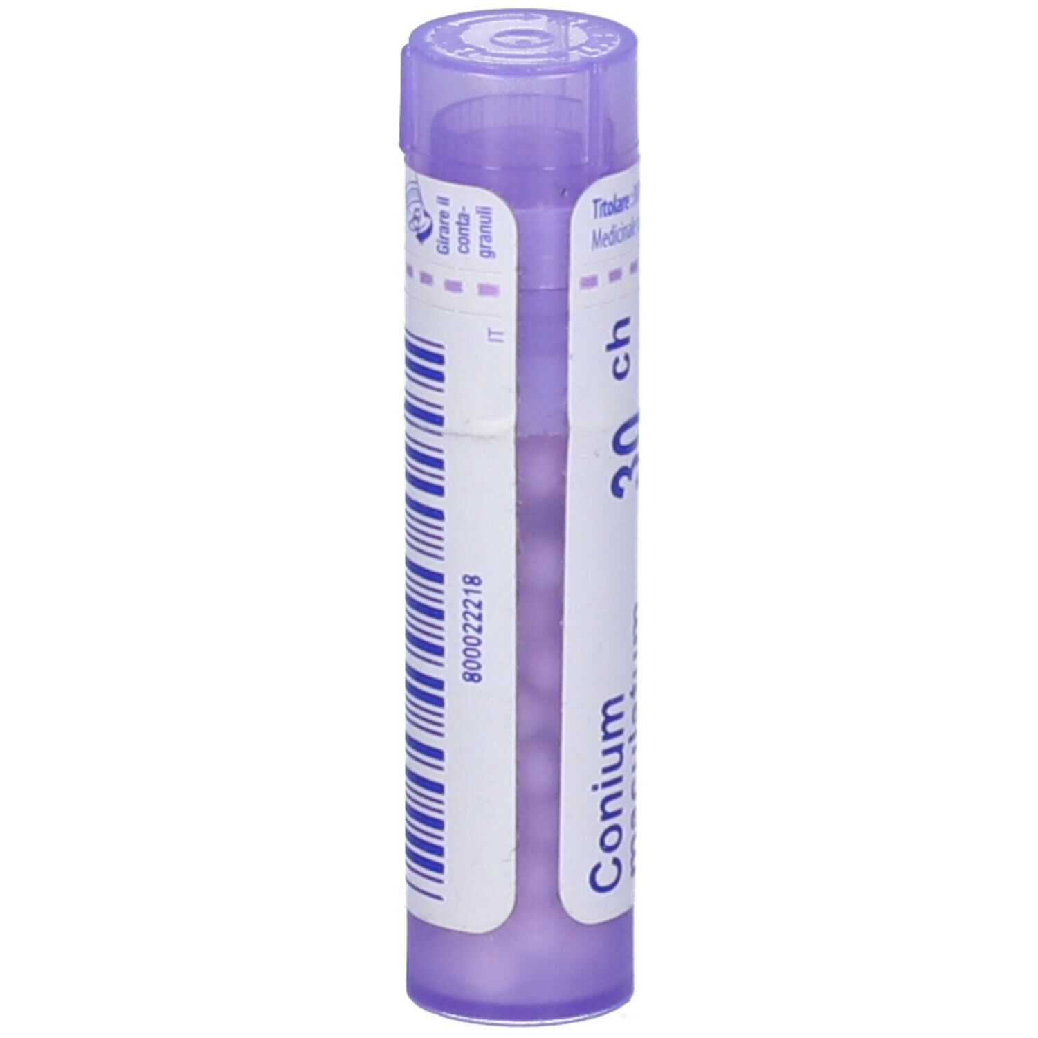Confezione cilindrica con scritta "Conium maculatum 30 ch". Marchio BOIRON.
