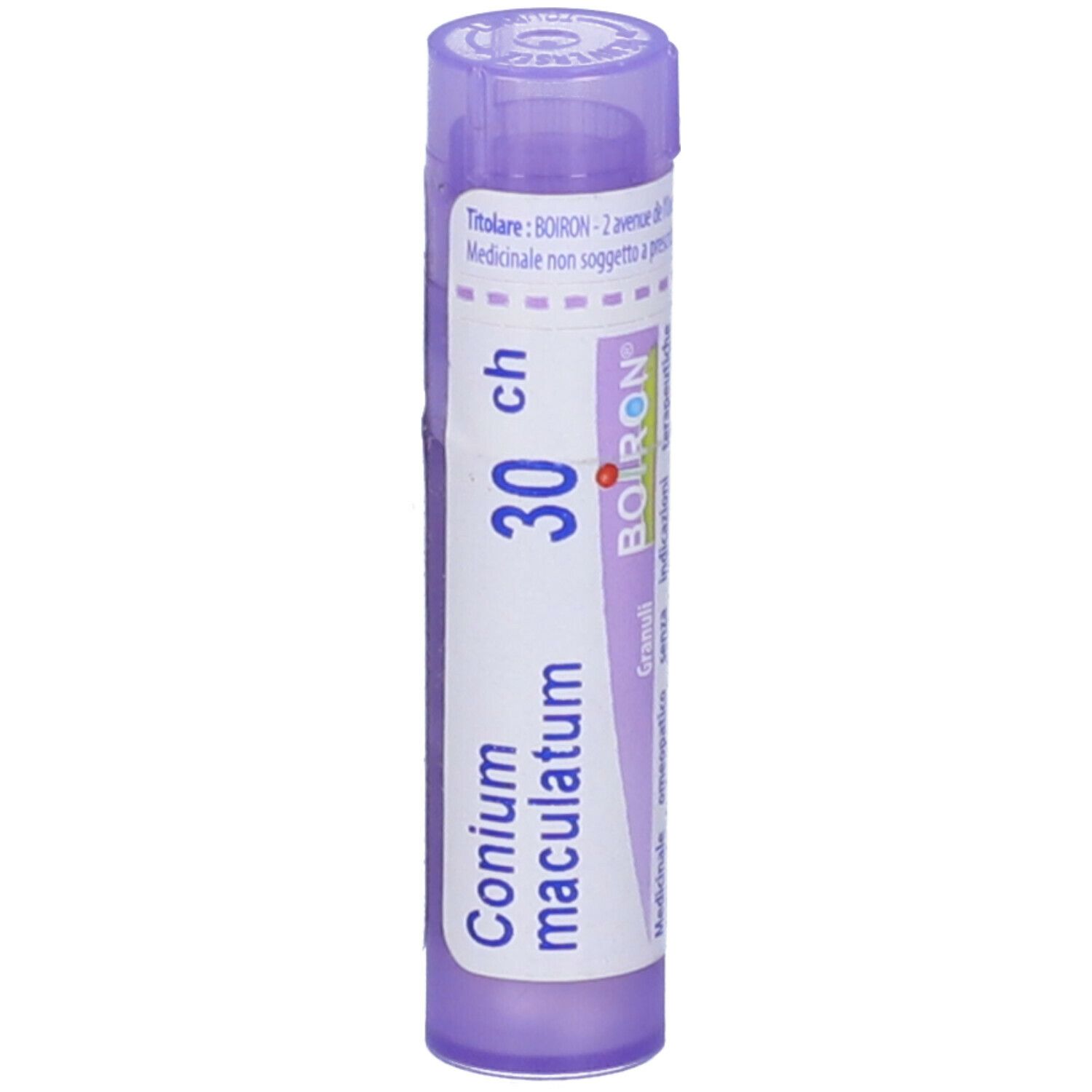 Confezione cilindrica con scritta "Conium maculatum 30 ch". Marchio BOIRON.