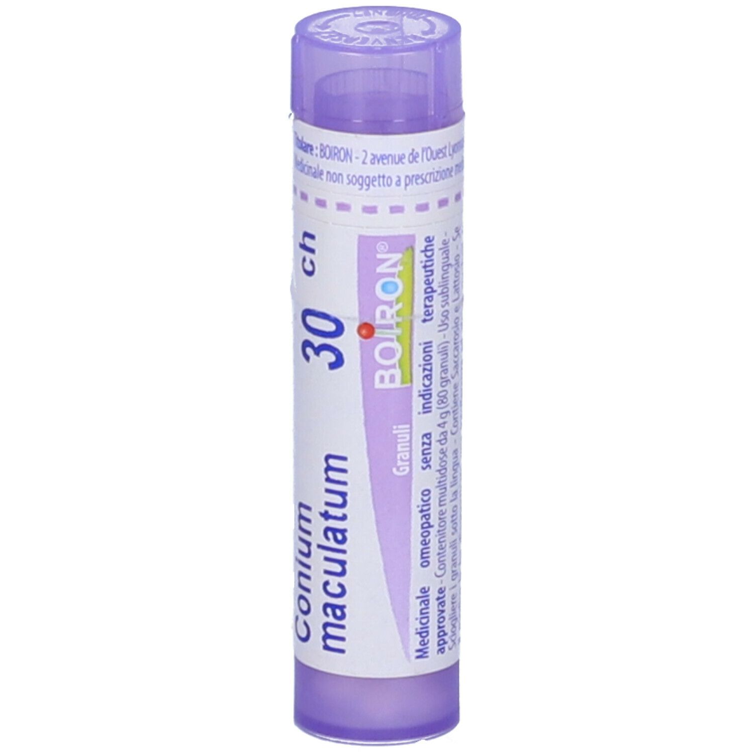 Confezione cilindrica con scritta "Conium maculatum 30 ch". Marchio BOIRON.