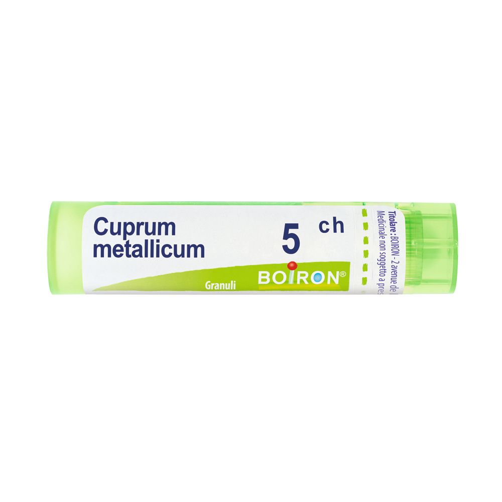 Confezione cilindrica verde. Scritta: Cuprum metallicum 5 ch, BOIRON, Granuli.