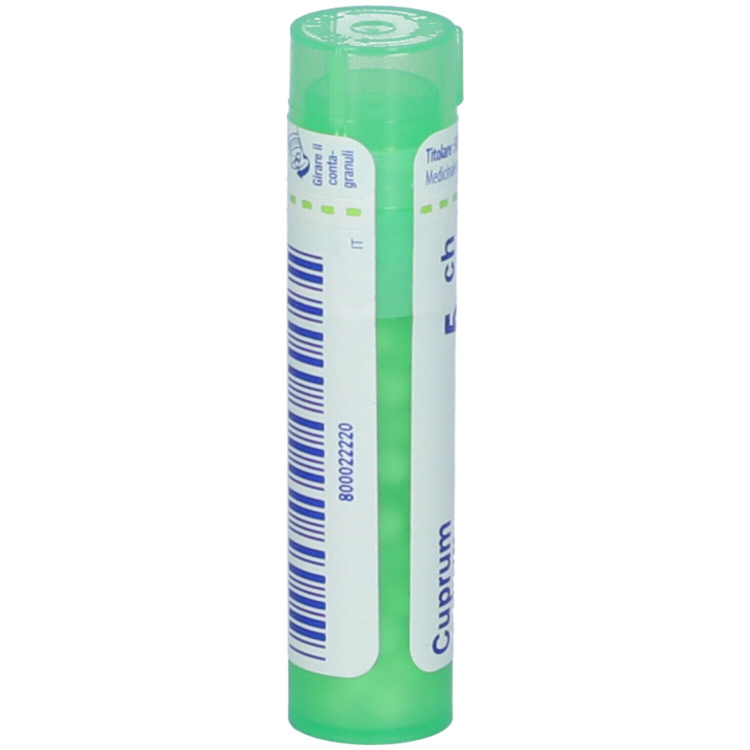 Confezione cilindrica verde. Scritte: Cuprum, 5 ch. Codice a barre e altre informazioni.