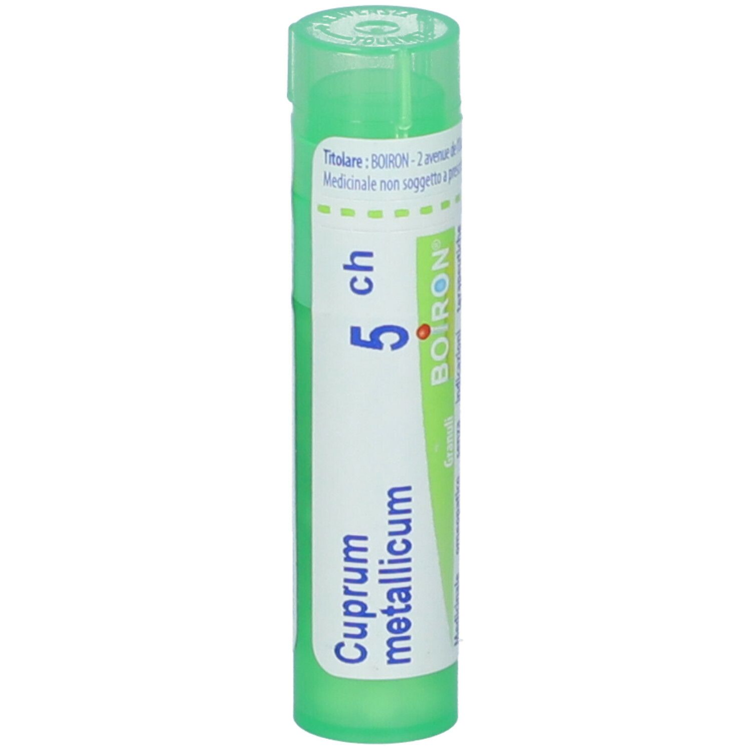 Confezione cilindrica verde. Scritte: Cuprum metallicum 5 ch, BOIRON, Granuli.