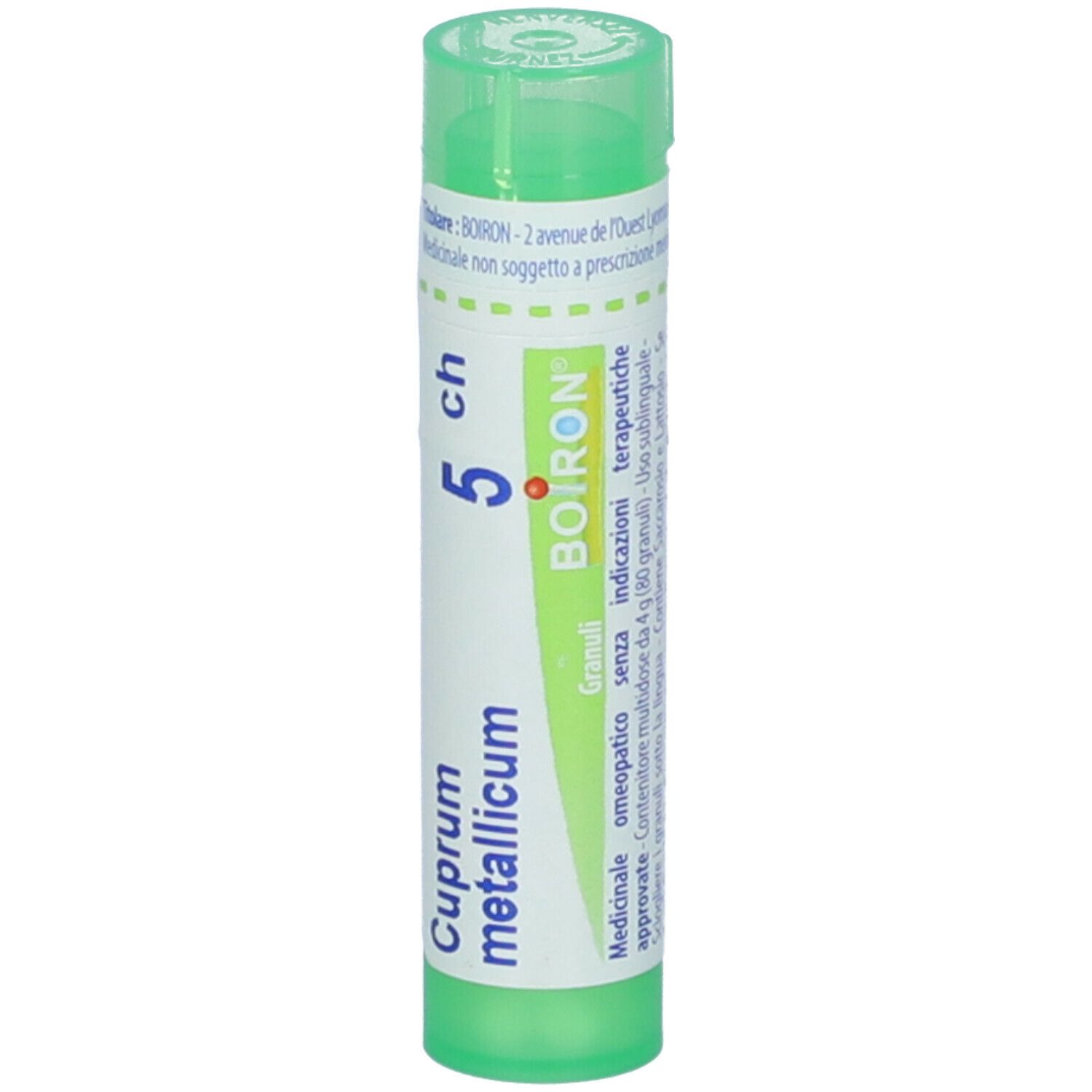 Confezione cilindrica verde. Scritte: Cuprum metallicum 5 ch, BOIRON, Granuli. Altre informazioni.