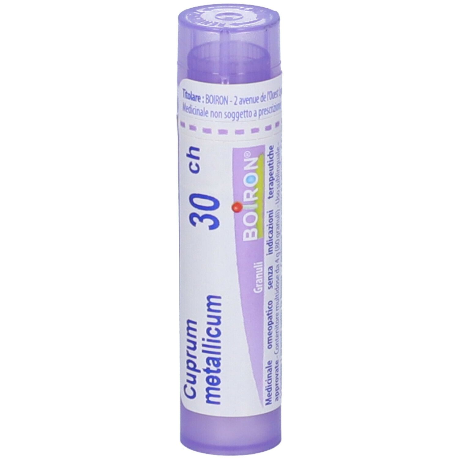 Confezione cilindrica 'Cuprum metallicum 30 ch'. Tappo viola. Logo BOIRON e altre scritte.