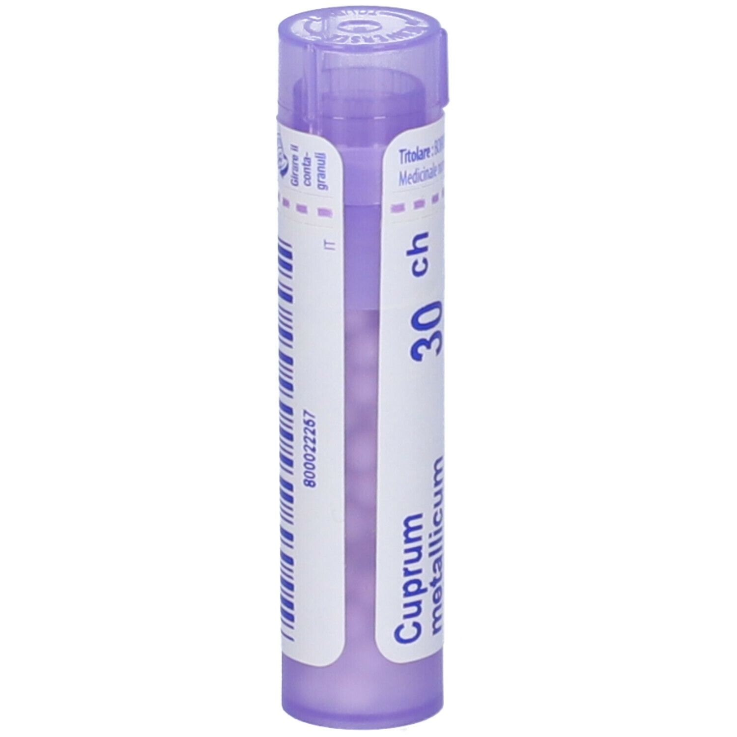 Confezione cilindrica 'Cuprum metallicum 30 ch'. Tappo viola. Codice a barre e altre scritte.