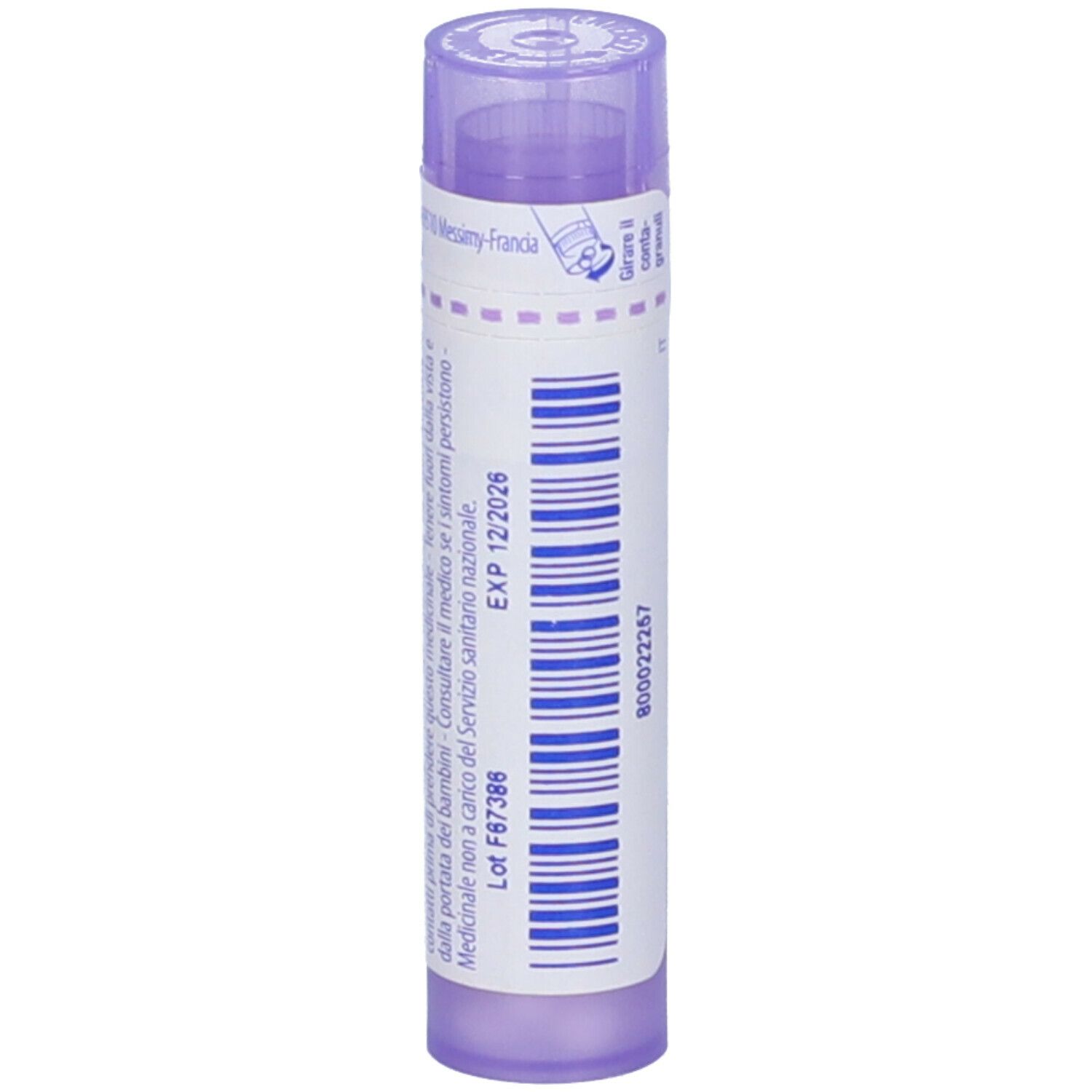 Confezione cilindrica 'Cuprum metallicum 30 ch'. Tappo viola. Scadenza e altre scritte.