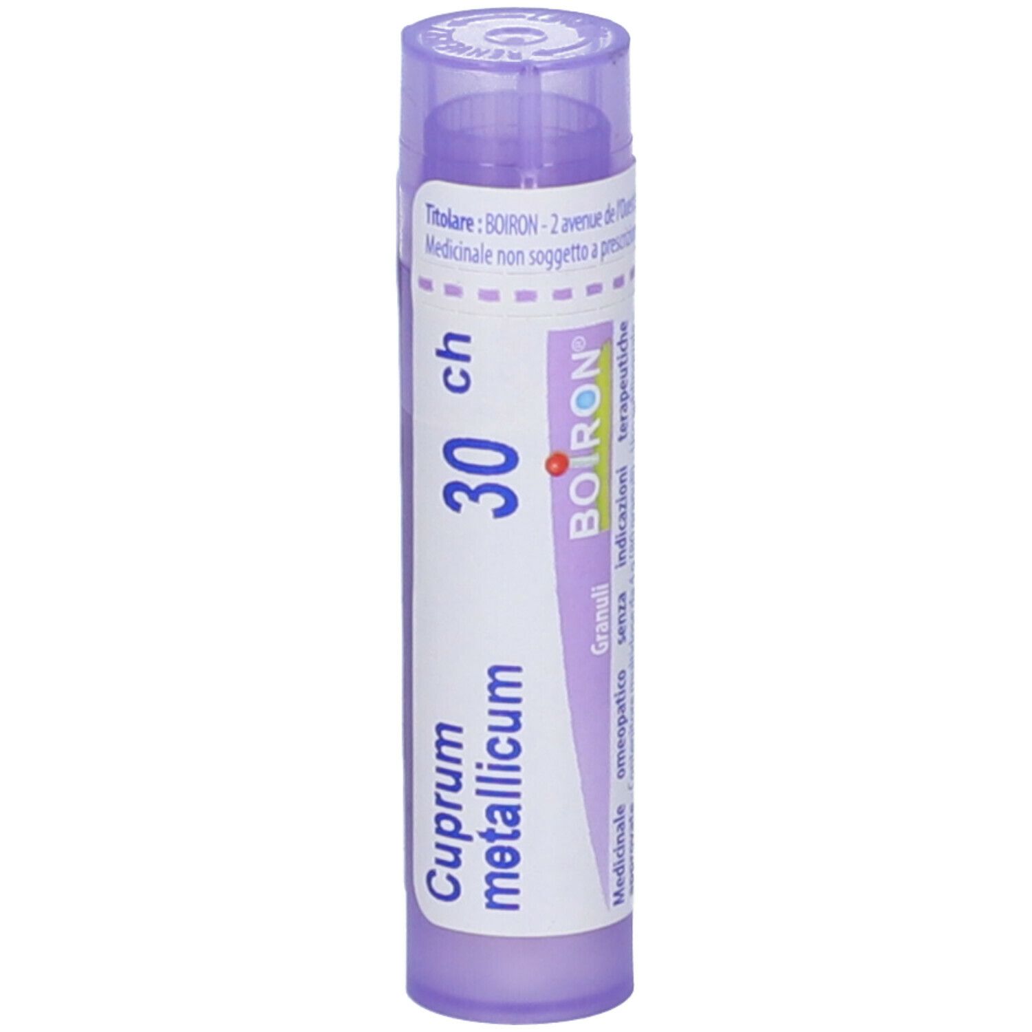 Confezione cilindrica 'Cuprum metallicum 30 ch'. Tappo viola. Logo BOIRON e altre scritte.