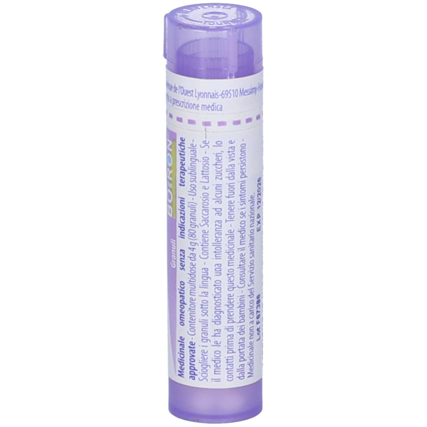 Confezione cilindrica 'Cuprum metallicum 30 ch'. Tappo viola. Logo BOIRON e altre scritte.