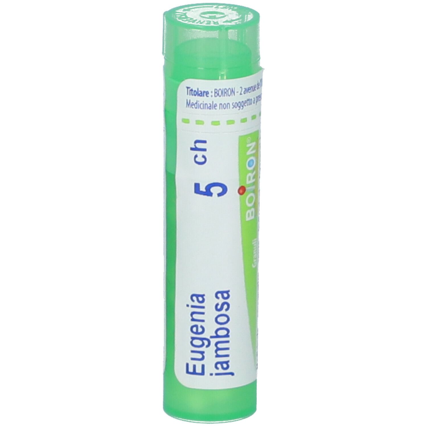 Confezione cilindrica Eugenia jambosa 5Ch. Tappo verde ed etichetta con nome prodotto e marchio Boiron.