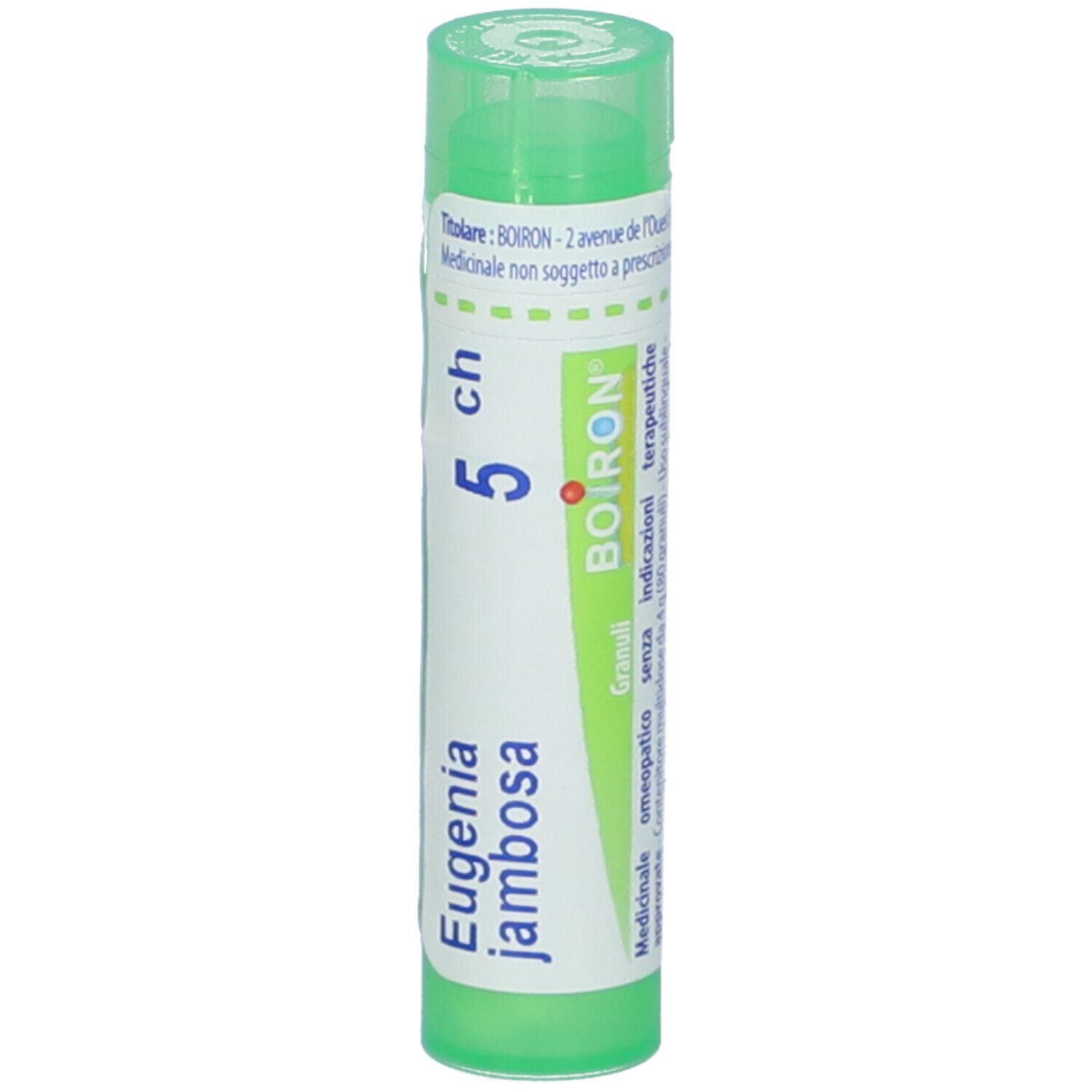 Confezione cilindrica Eugenia jambosa 5Ch. Tappo verde ed etichetta con nome prodotto e marchio Boiron.