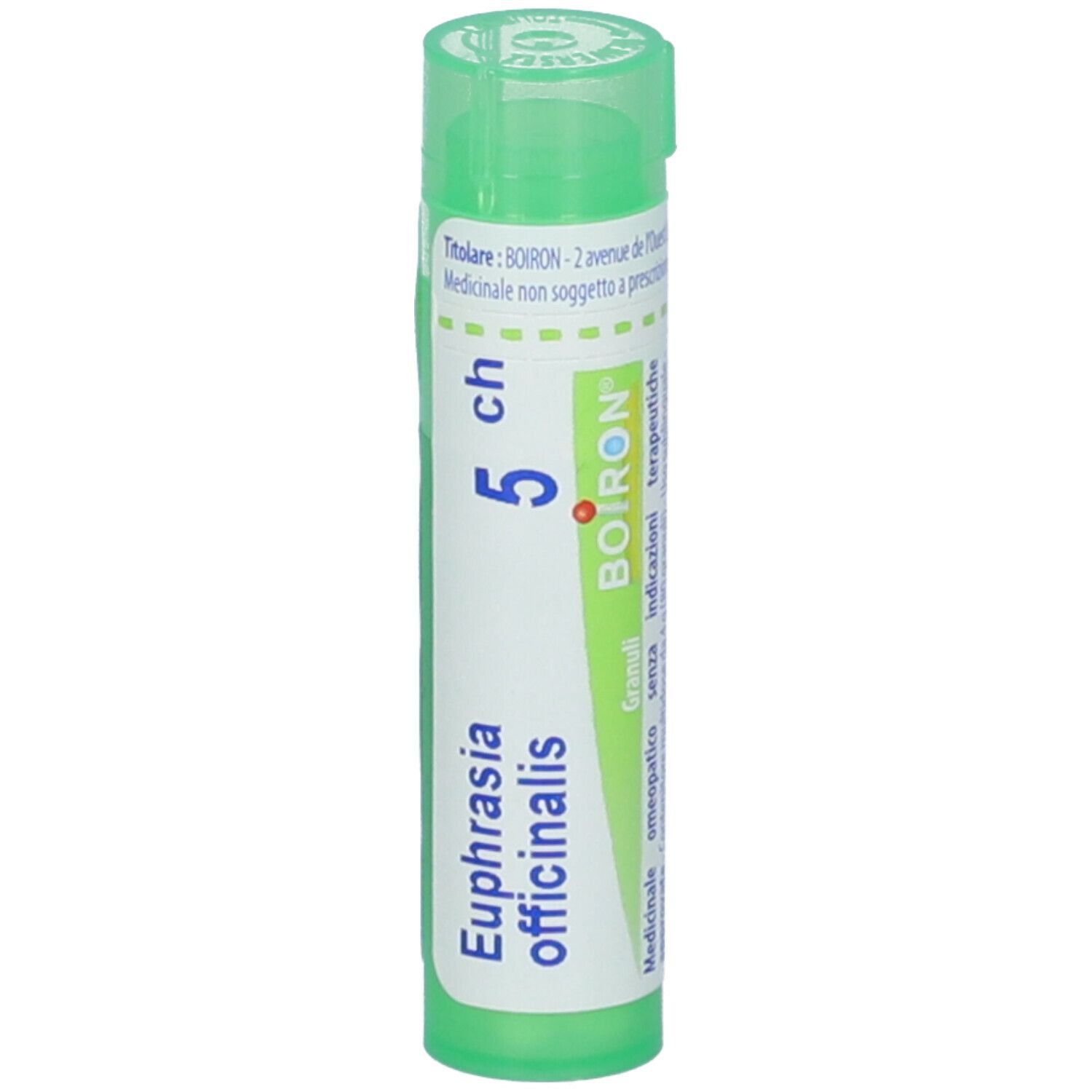 Contenitore cilindrico verde con scritte bianche. Scritte: Euphrasia officinalis, 5 ch, BOIRON.