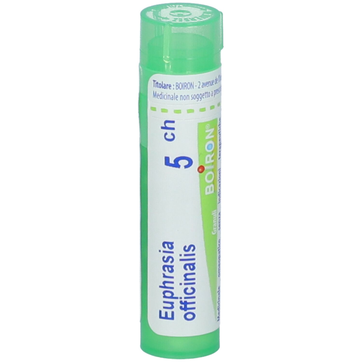 Contenitore cilindrico verde con scritte bianche. Scritte: Euphrasia officinalis, 5 ch, BOIRON.
