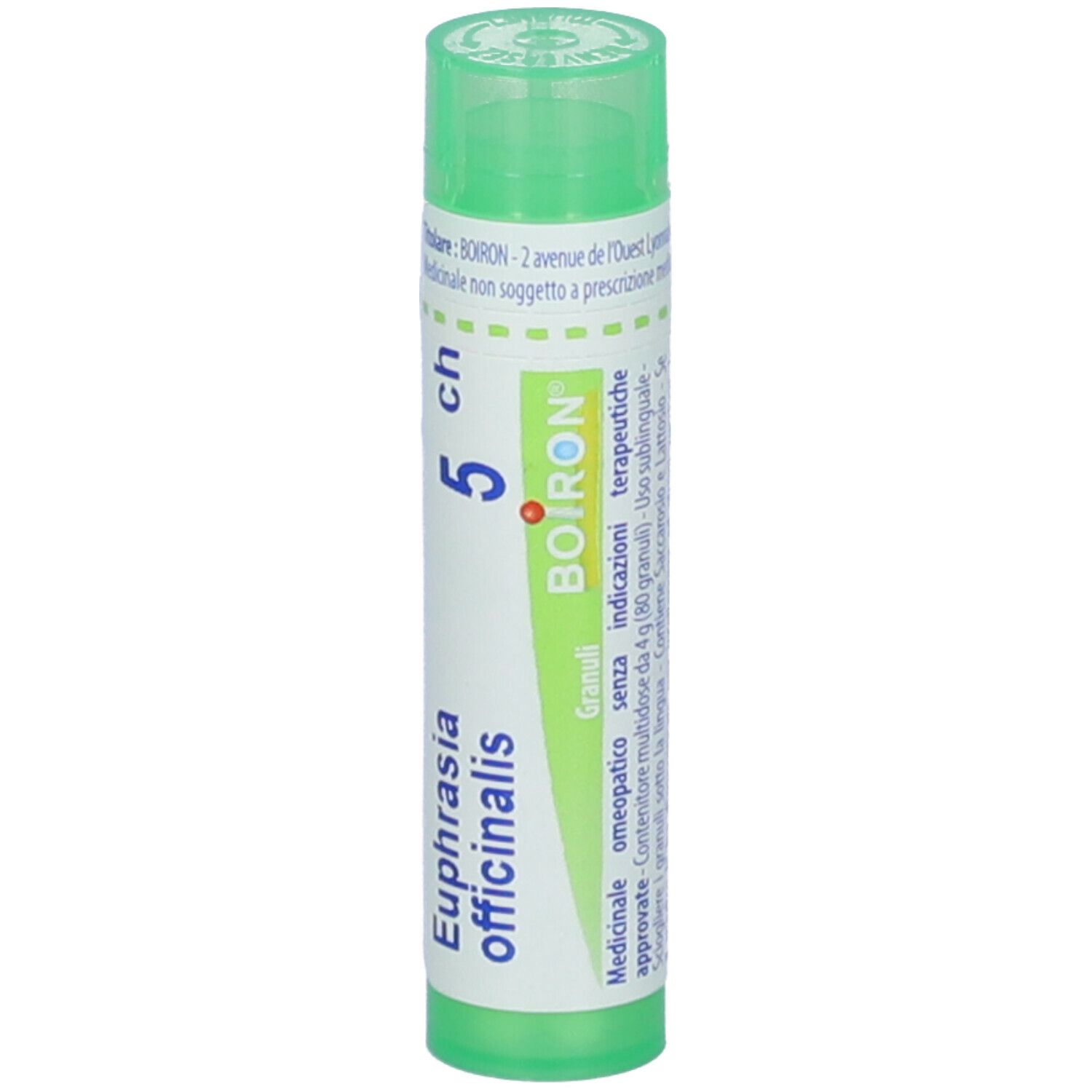 Contenitore cilindrico verde con scritte bianche. Scritte: Euphrasia officinalis, 5 ch, BOIRON.