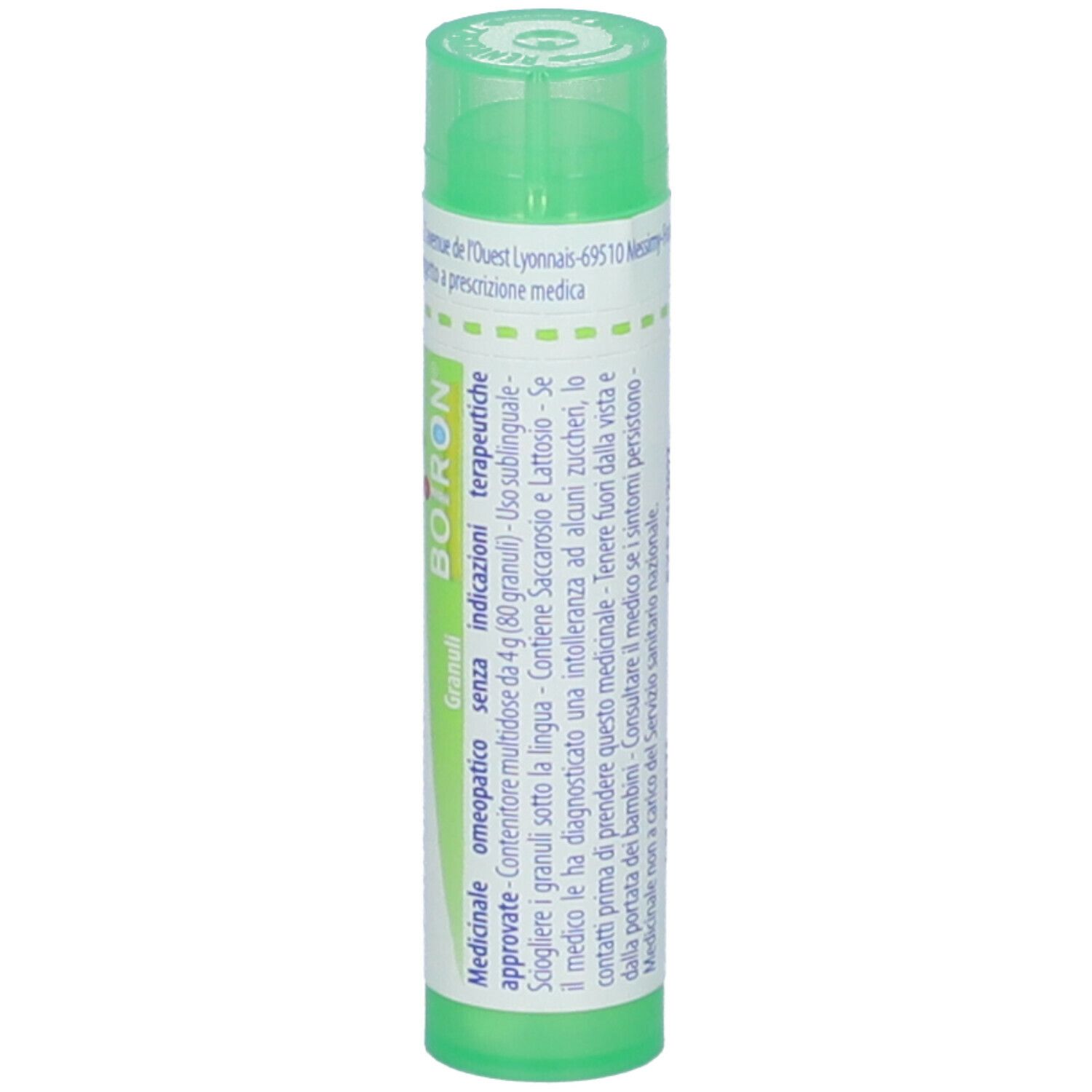 Contenitore cilindrico verde con scritte bianche. Scritte: BOIRON, Granuli, Indicazioni, etc.
