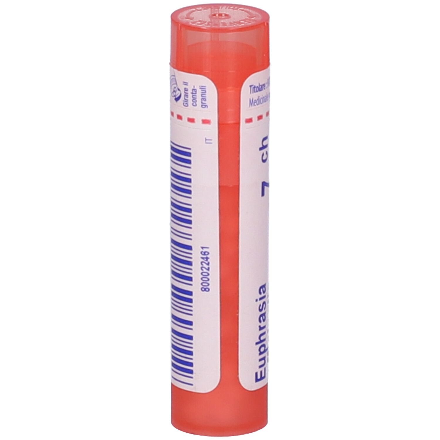 Confezione cilindrica, tappo rosa. Scritta: Euphrasia, 7 ch. Codice a barre e informazioni.