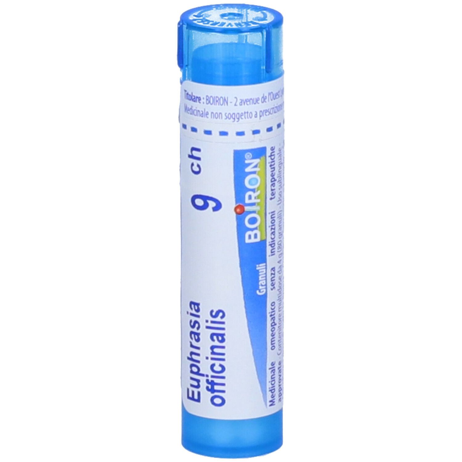 Confezione cilindrica blu. Scritta: Euphrasia officinalis, 9 ch, BOIRON, Granuli.