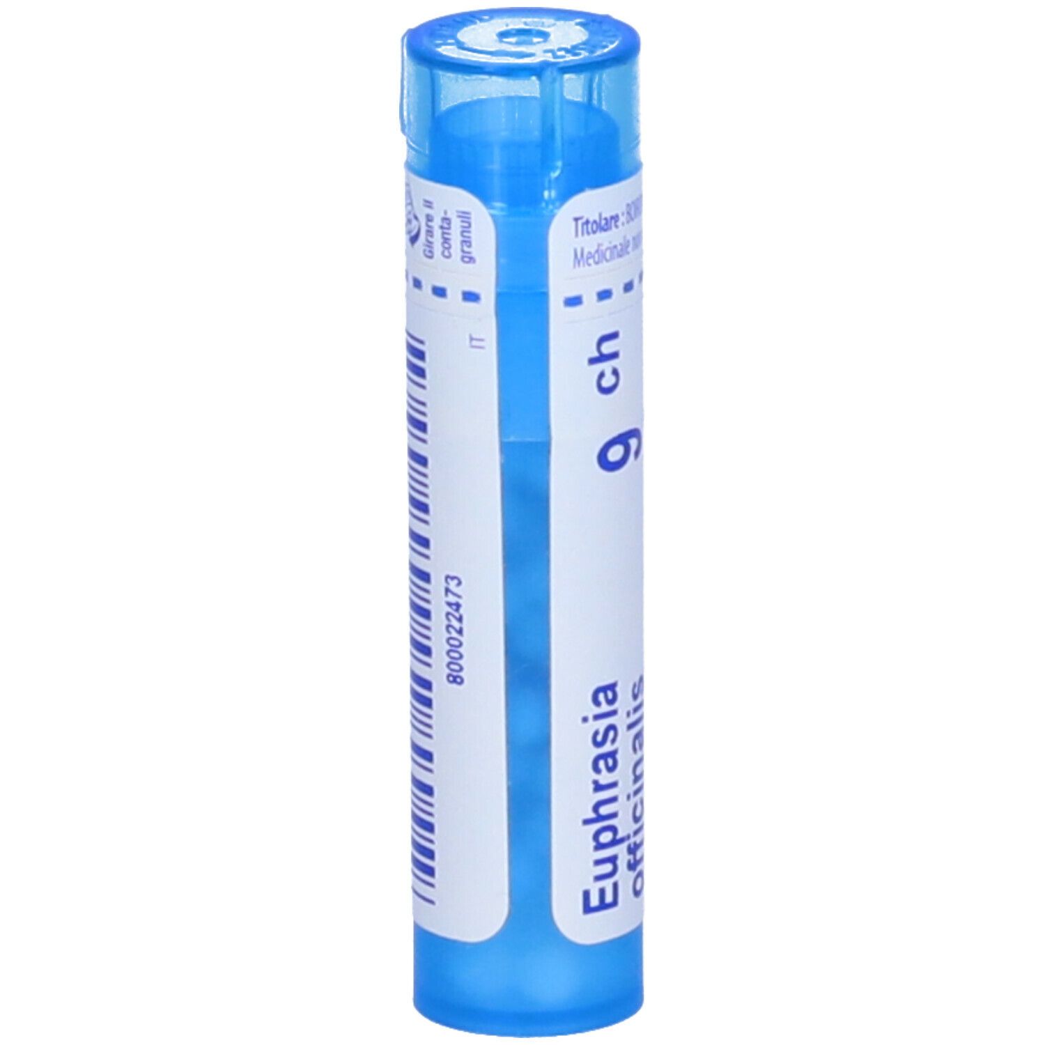 Confezione cilindrica blu. Scritta: Euphrasia officinalis, 9 ch. Codice a barre e informazioni.