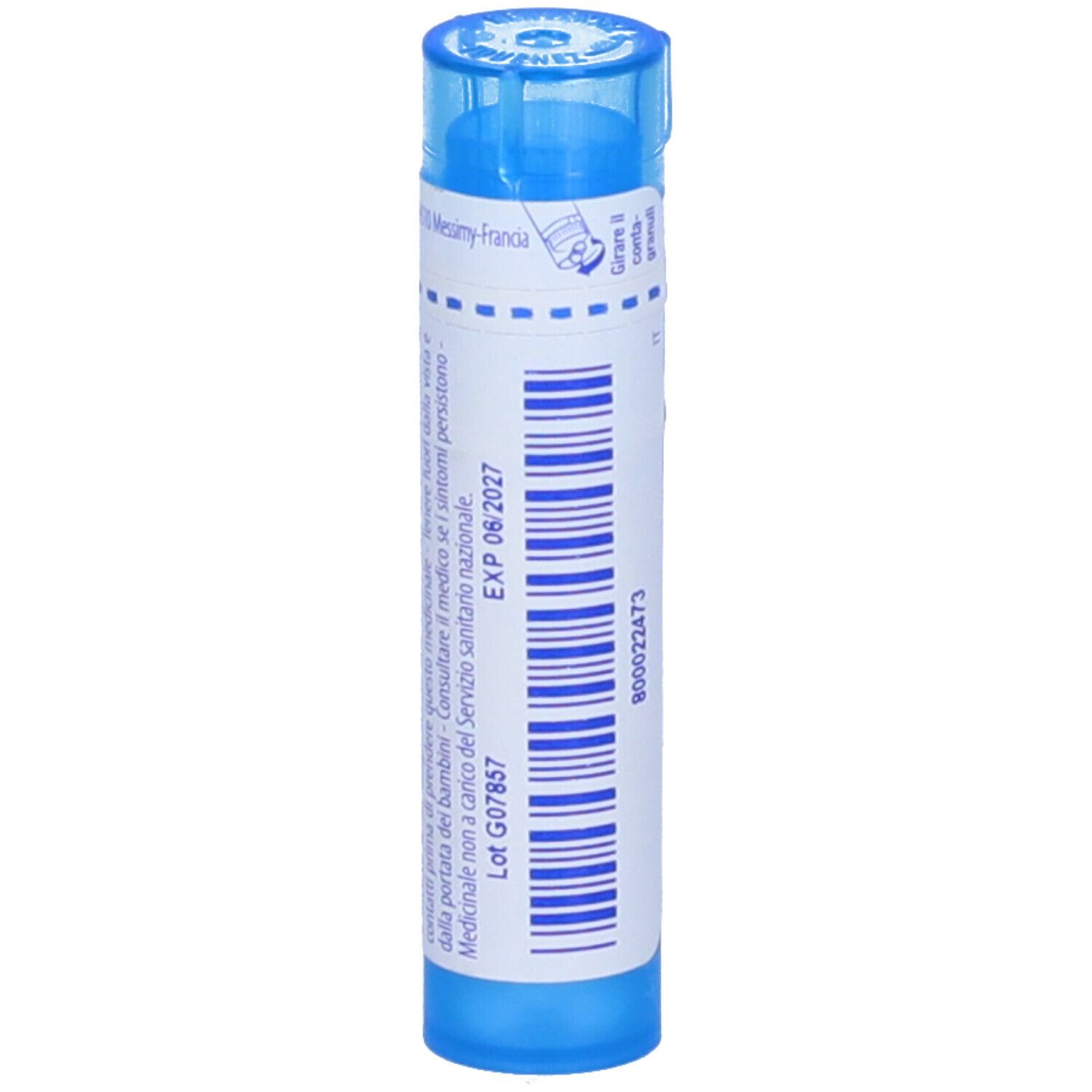Confezione cilindrica blu. Scritta: EXP 06/2027, Lot G07857. Ulteriori informazioni.