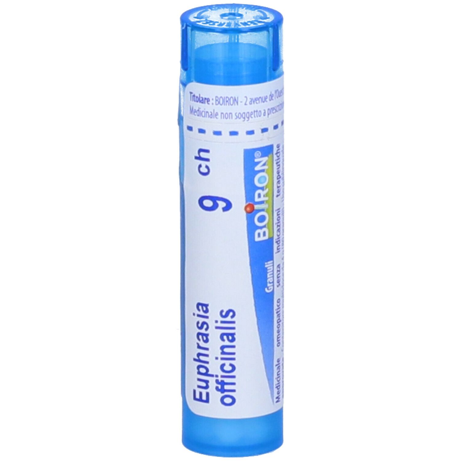 Confezione cilindrica blu. Scritta: Euphrasia officinalis, 9 ch, BOIRON, Granuli.