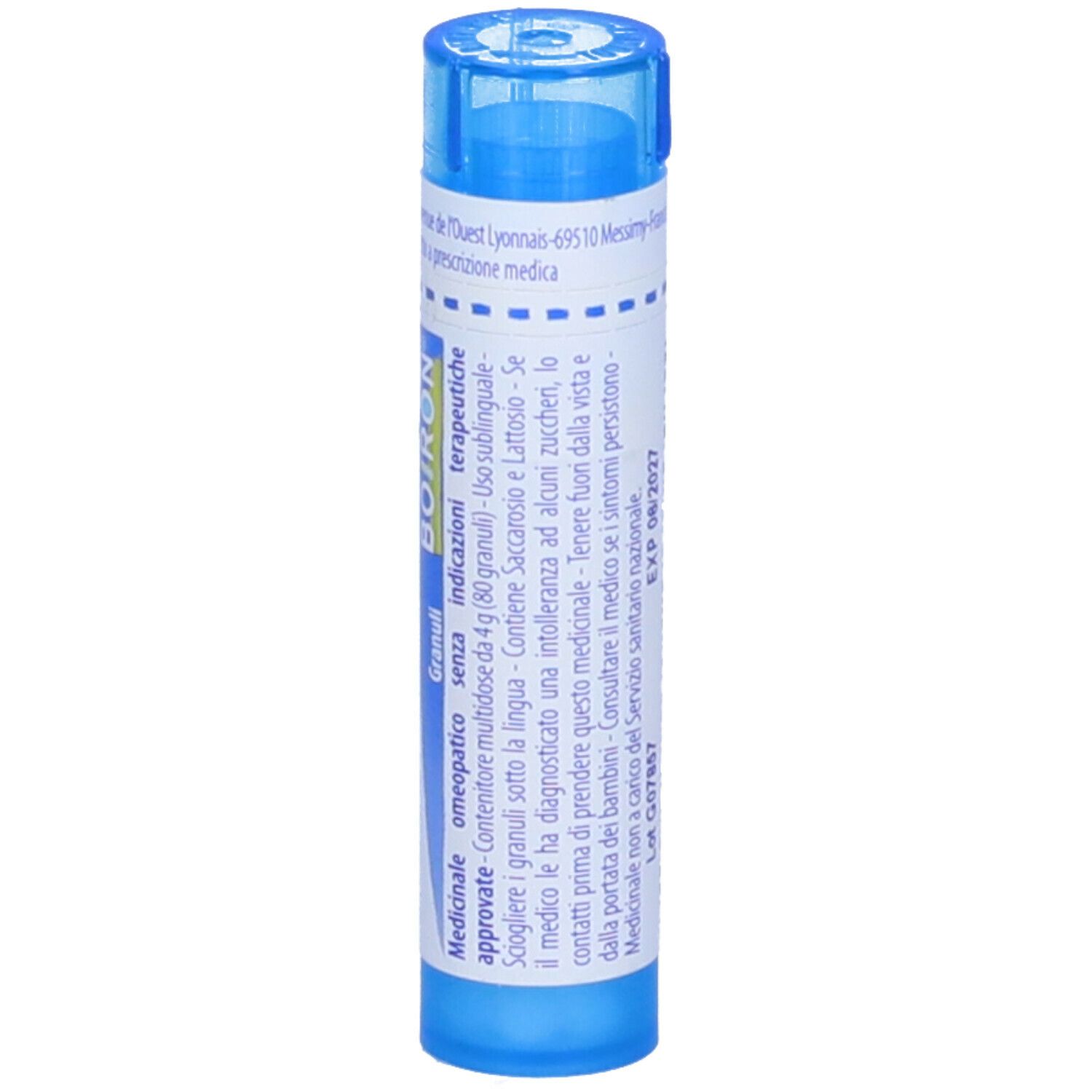 Confezione cilindrica blu. Scritta: Euphrasia officinalis, 9 ch, BOIRON, Granuli. Informazioni aggiuntive.