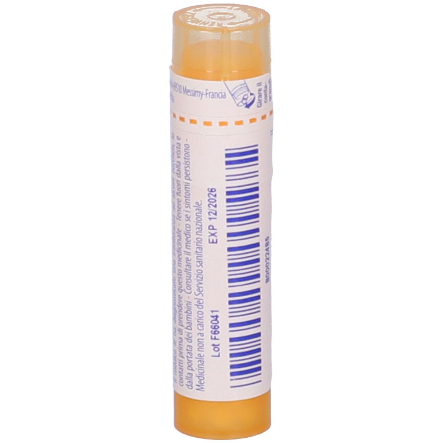 Confezione cilindrica gialla con etichetta bianca. Scritta: EXP 12/2026, Lot F86041.